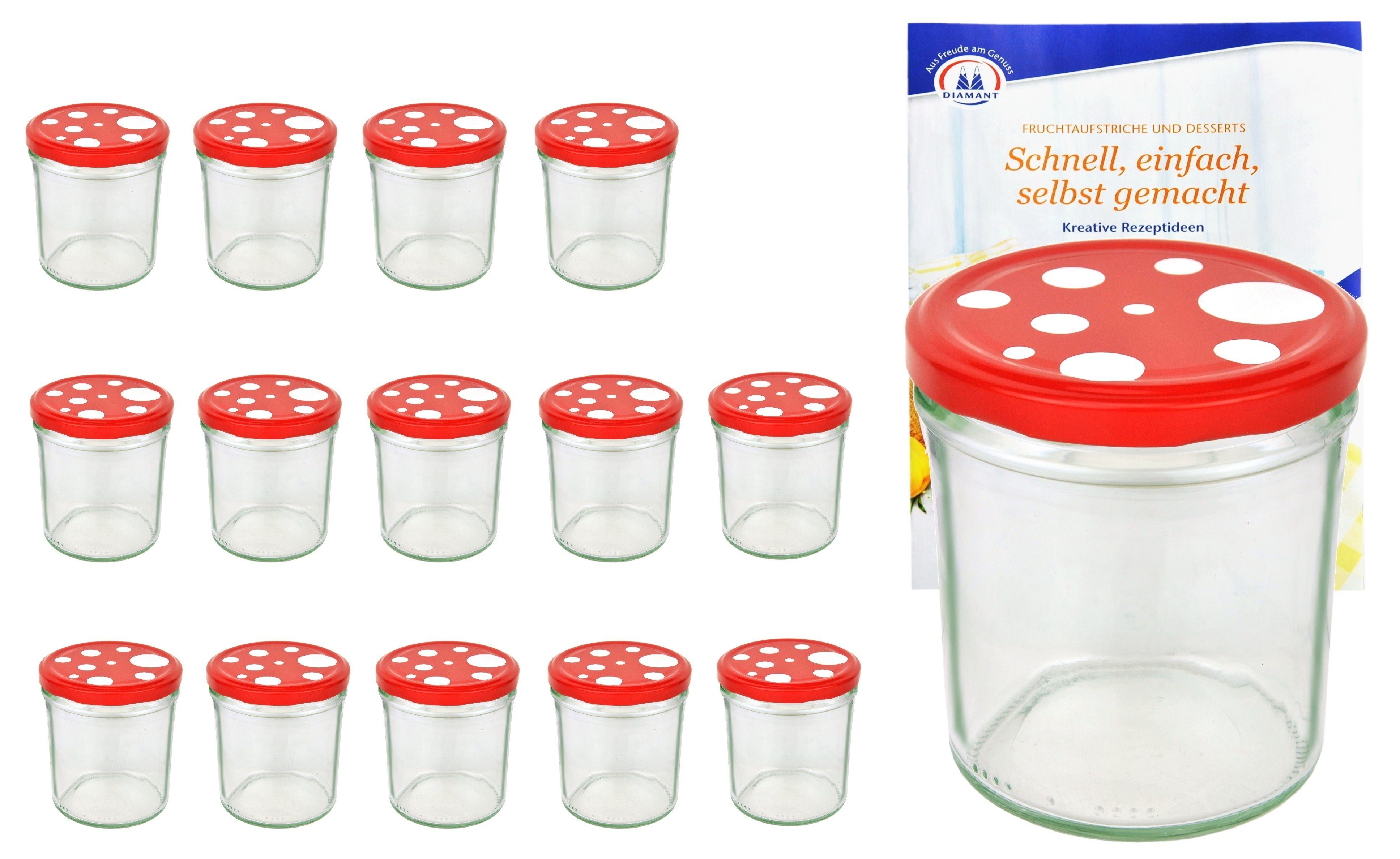 MamboCat Einmachglas 15er Set Sturzglas 350 ml To 82 Fliegenpilz Deckel rot weiß gepunktet, Glas