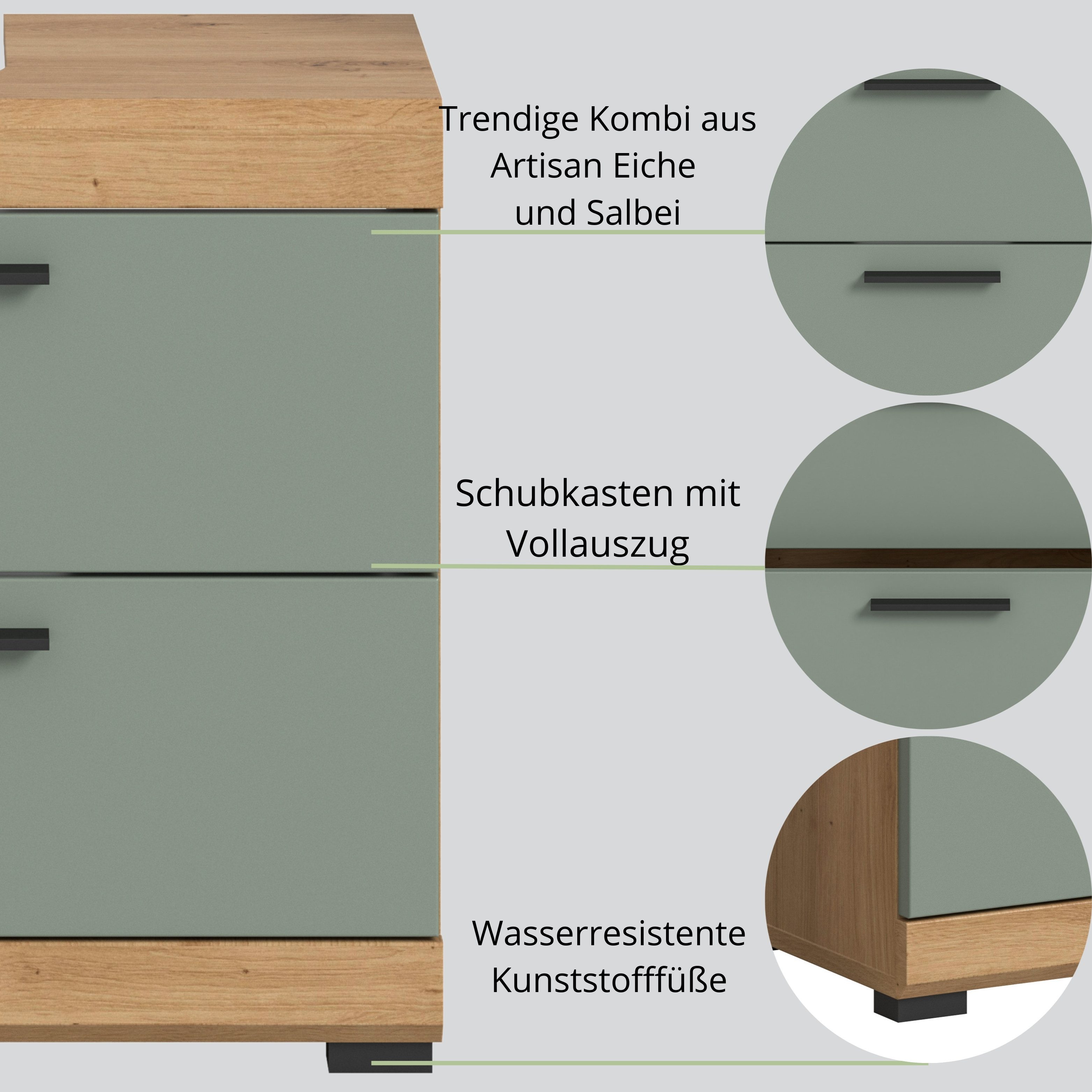 furnling Waschbeckenunterschrank Scott 2 Schubladen, Badmöbel, Badschrank, Badunterschrank, 60 cm breit – Bild 4 von 5