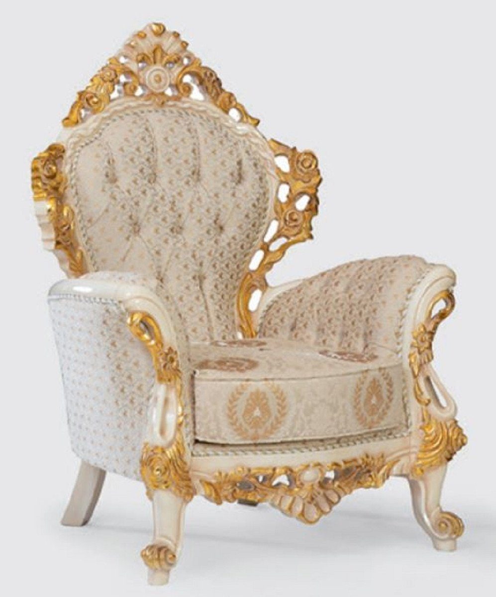 Casa Padrino Sessel Luxus Barock Sessel Creme / Weiß / Gold 100 x 80 x H. 125 cm - Handgefertigter Wohnzimmer Sessel mit elegantem Muster - Barock Wohnzimmer Möbel - Edel & Prunkvoll