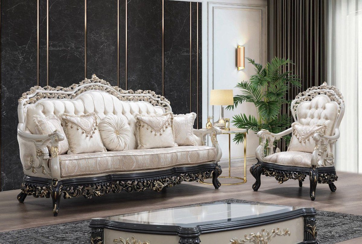 Casa Padrino Sofa Luxus - Prunkvolles / Prunkvoll Möbel Barock / Wohnzimmer Gold / Muster / - Hotel & - Grau mit Creme Barock Sofa elegantem Beige Sofa Wohnzimmer Weiß & Edel