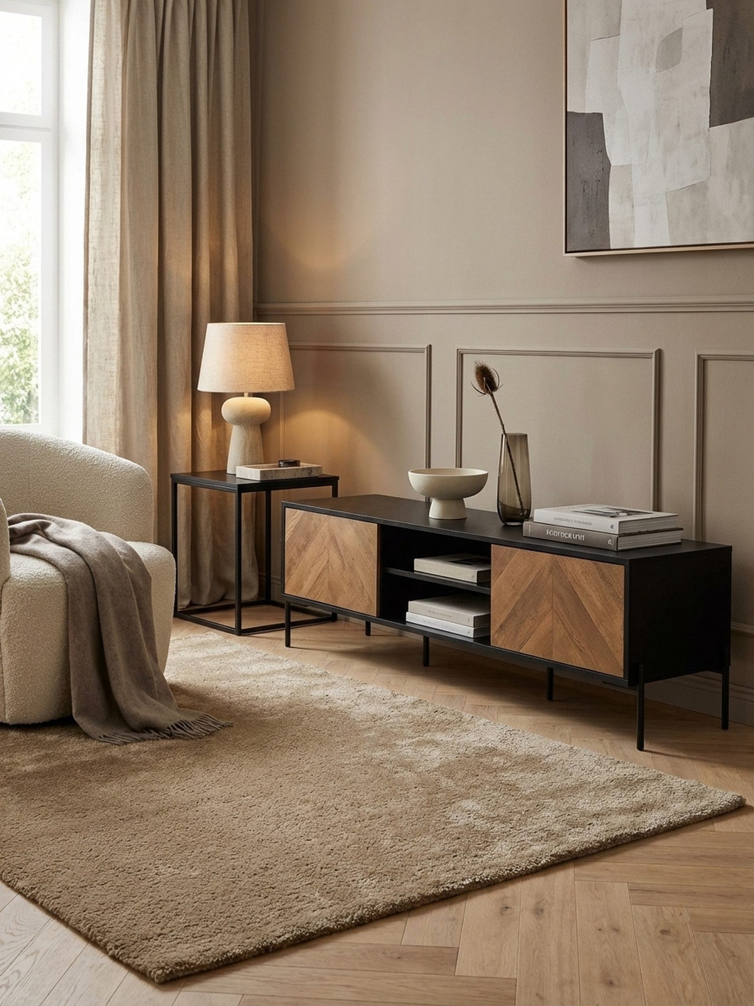 KADIMA DESIGN Lowboard Lowboard Holz Schwarz / Eiche-Dekor 163x45x40 cm TV-Kommode mit zwei (Fernsehkommode Wohnzimmer), Türen, Design TV-Schrank Hoch, Fernsehtisch Fernsehschrank Modern