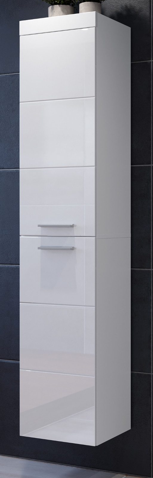 Furn.Design Hochschrank Aura (Bad Hängeschrank in Weiß Hochglanz, 35 x 170 cm) 2-türig mit 6 Fächern