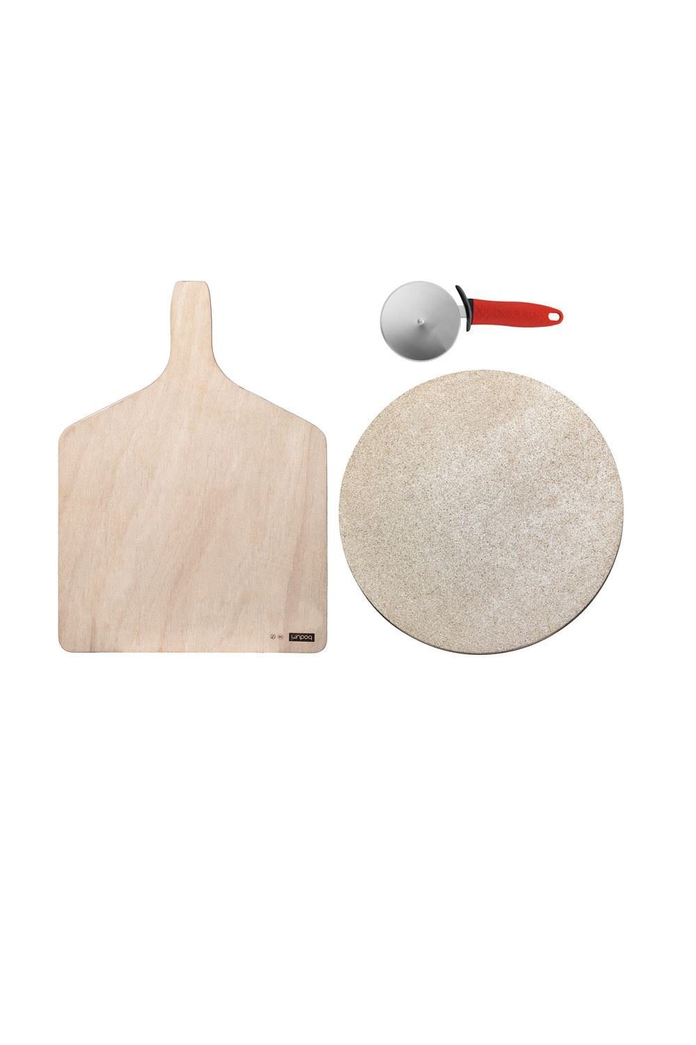 Bodum Pizzastein Bistro, Servierbrett, Pizzastein Ø31cm und -schneider, Set, Holz und Stein