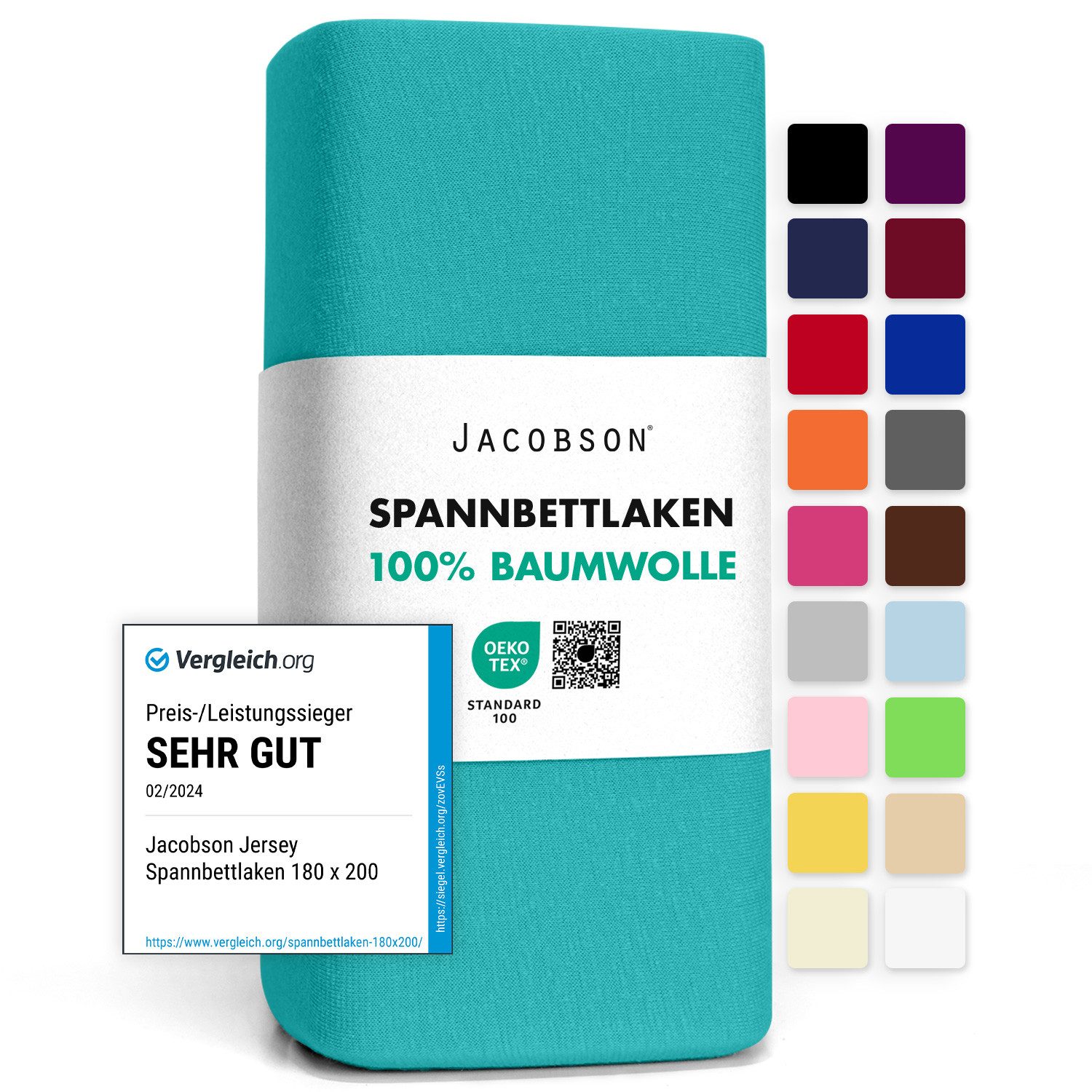 Jacobson Spannbettlaken aus 100% Baumwolle, Jersey Bettlaken 160 g/m², Spannbetttuch mit Gummizug, pflegeleicht & viele Farben