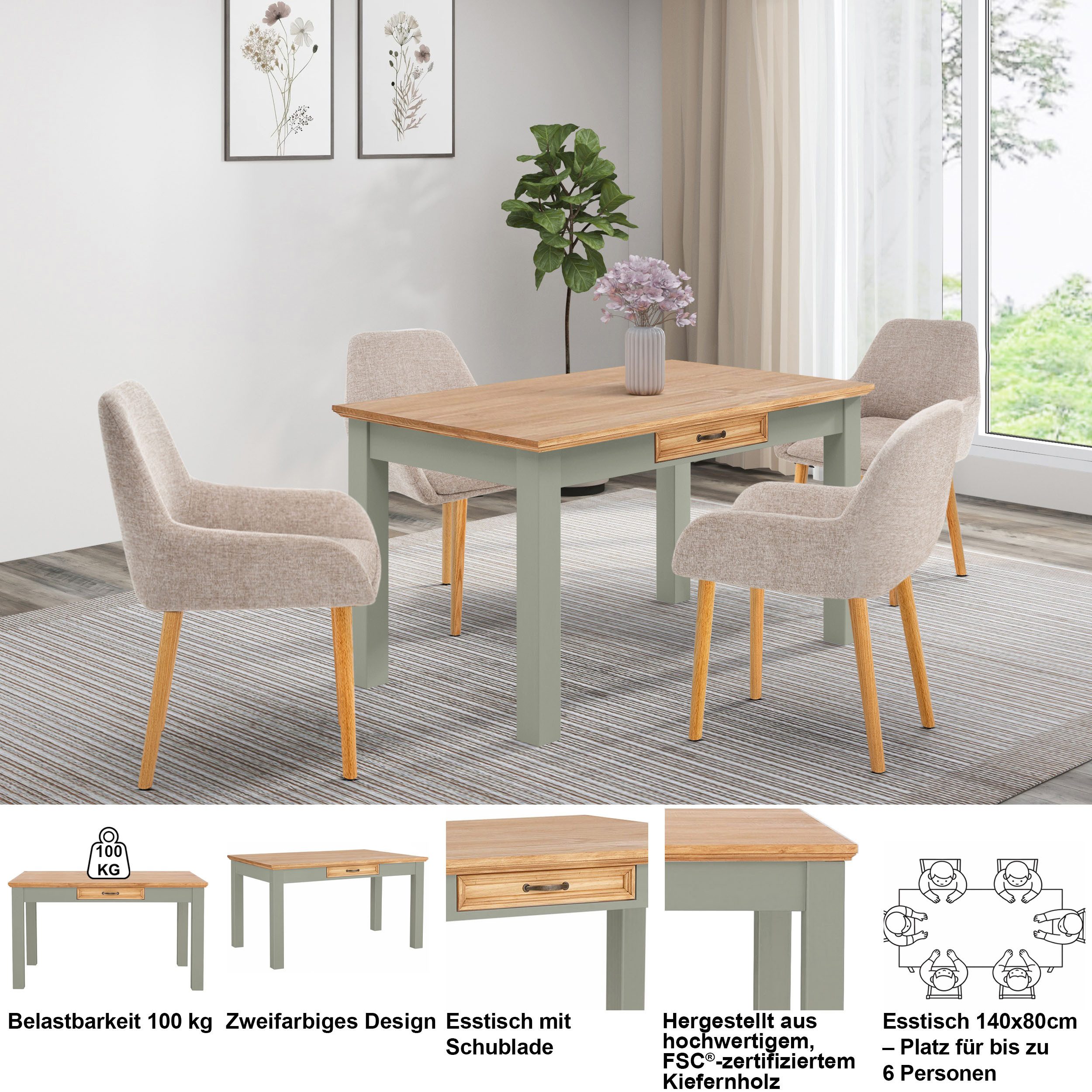 OTTO home Esstisch Selma, mit Schublade, aus massivem Kiefernholz, Breite 140 oder 180 cm