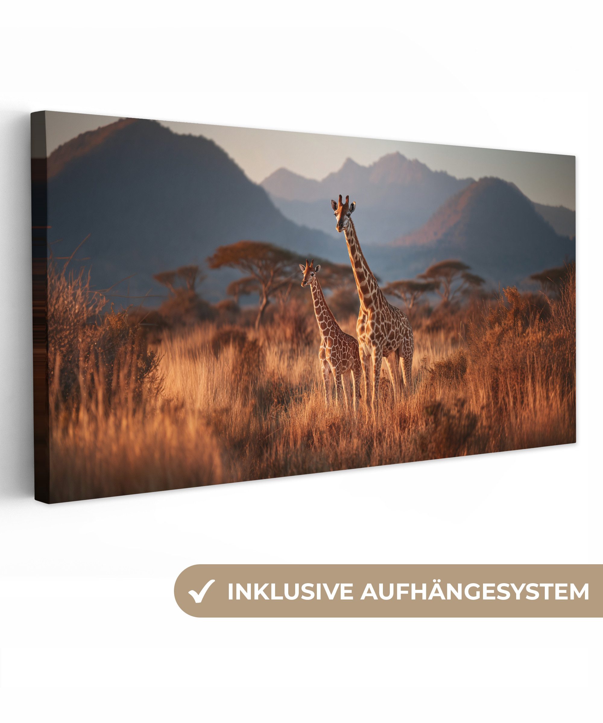 OneMillionCanvasses® Leinwandbild Panorama Giraffen - Hohes Gras - Akazienbäume, Fotodruck (1 St), Wandbild, Deko Schlafzimmer Wohnzimmer Flur 40x20 cm