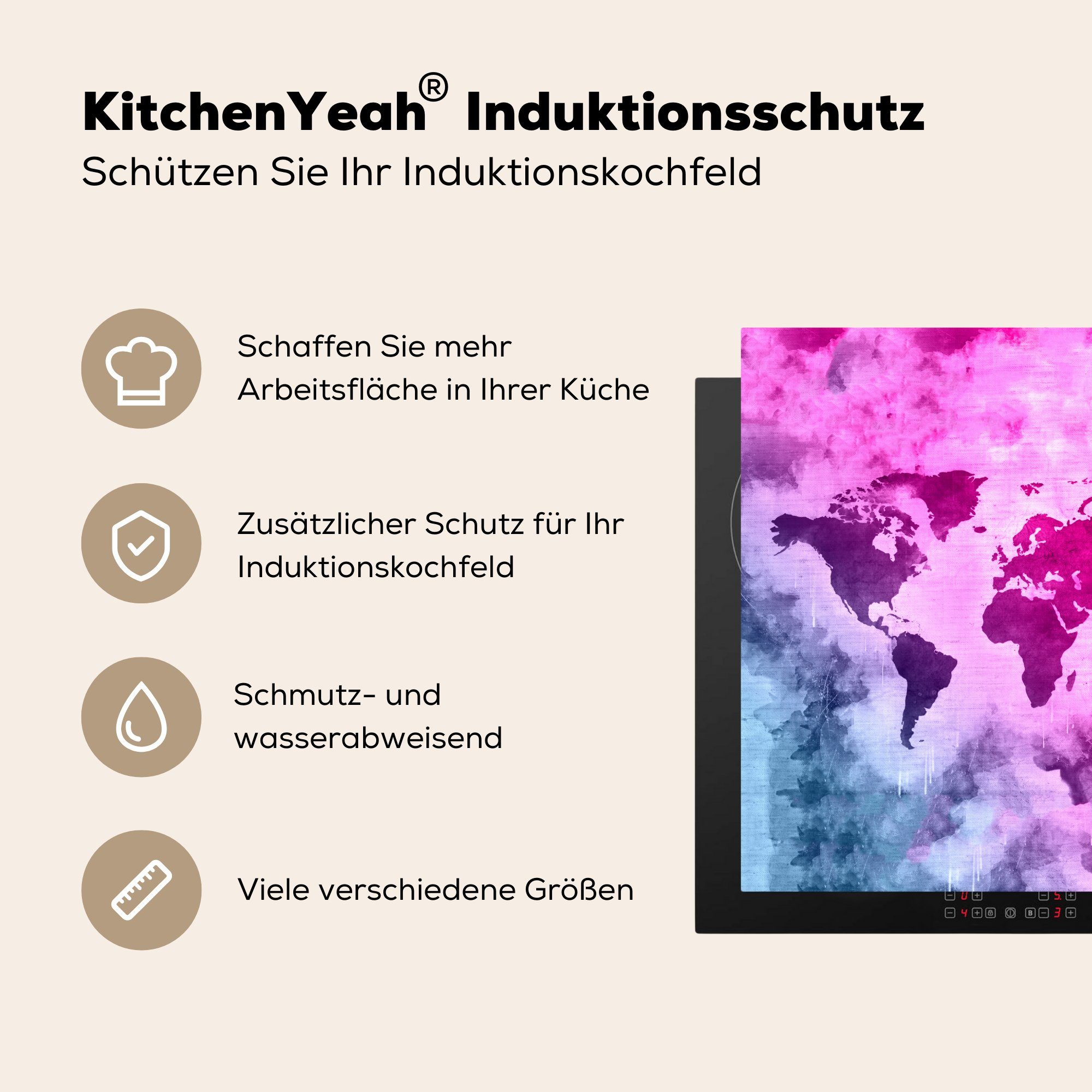 - - (1 Vinyl, Ceranfeldabdeckung, Herdblende-/Abdeckplatte Arbeitsplatte MuchoWow 78x78 Rosa für küche tlg), cm, Weltkarte Abstrakt,