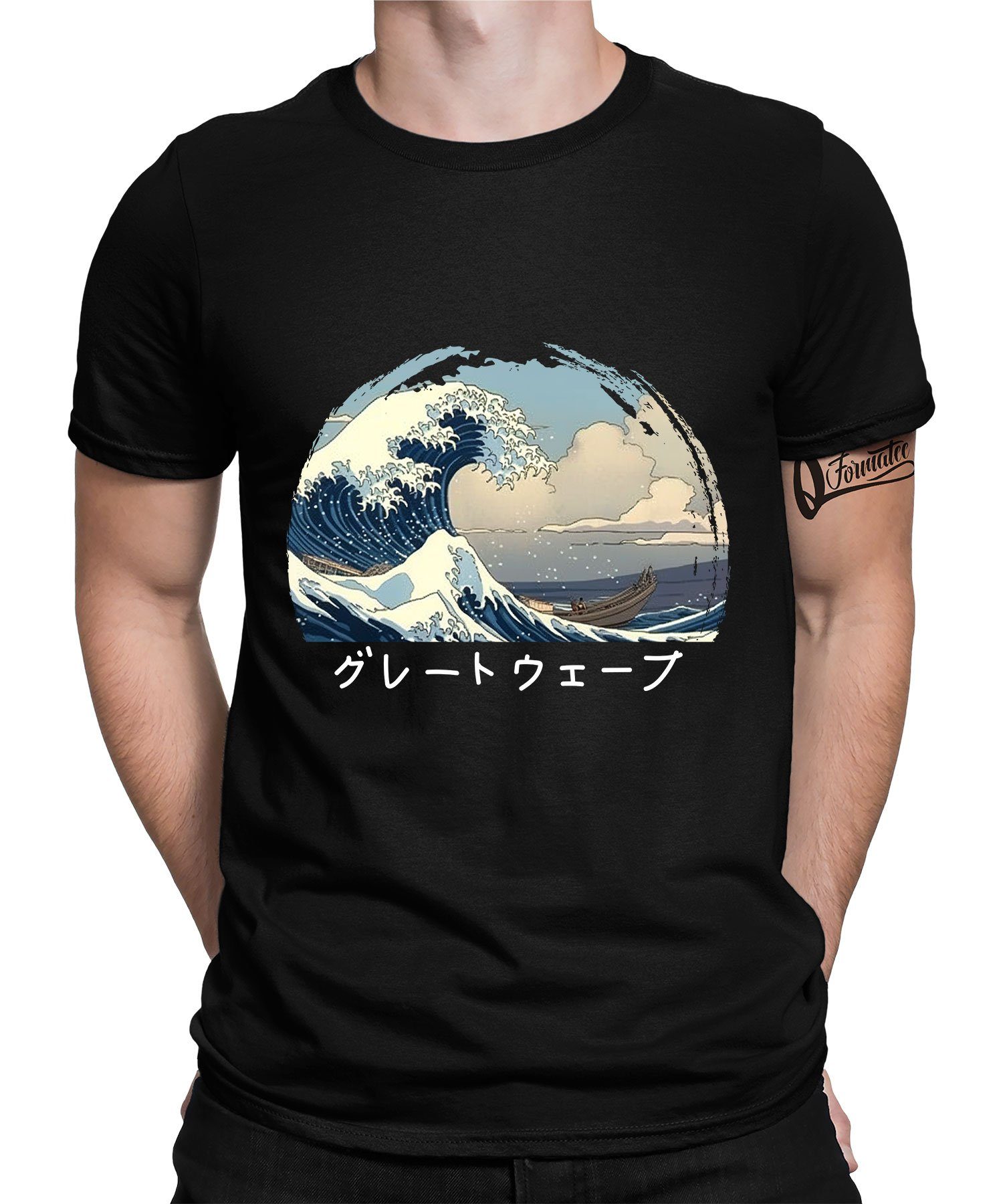off Schwarz Anime Herren Formatee T-Shirt Kurzarmshirt Kanagawa - Japan Great (1-tlg) Quattro Wave Ästhetik