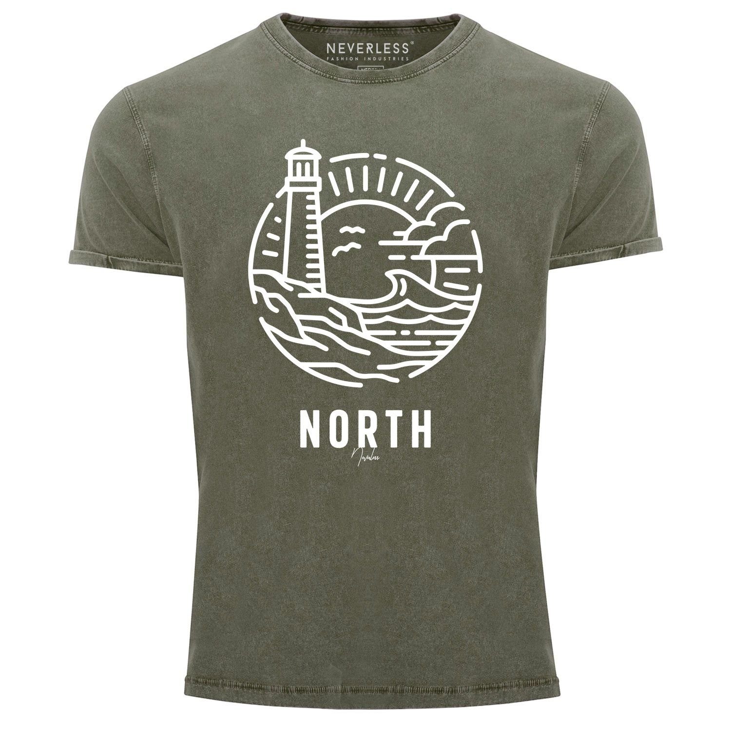 Neverless Print-Shirt Neverless® Slim Vintage mit Welle Print Outline T-Shirt Leuchtturm Shirt Herren Logo Printshirt Look Fit Art oliv Used maritim