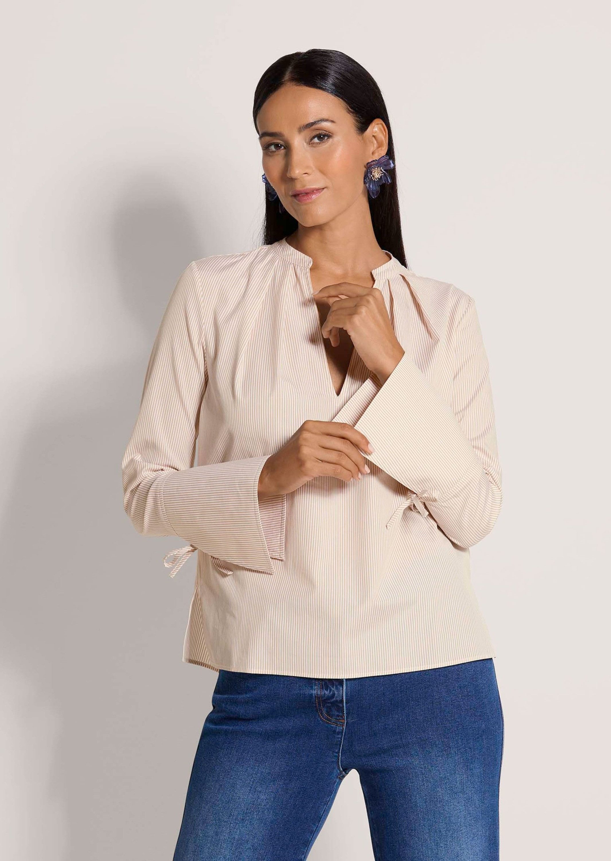 MADELEINE Langarmbluse Blusenshirt mit Streifendesign Baumwollbluse mit Rundhalsblende mit V-Ausschnitt und Langarm