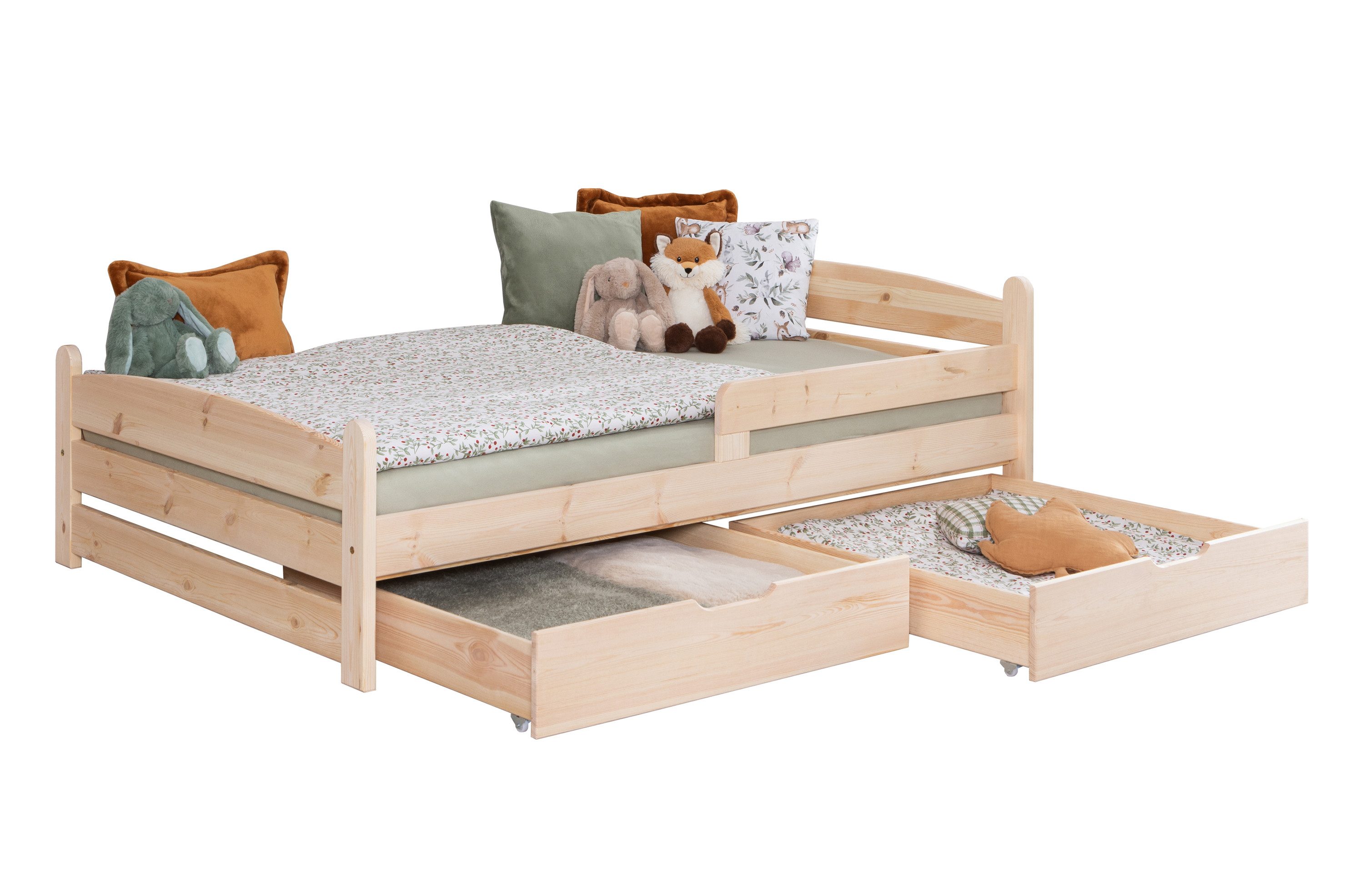 Ticaa Kinderbett Massivholzbett Mello Daybett Kinderbett Jugendbett (120x200 aus Kiefer Massivholz), inkl. Schublade, mit Rausfallschutz, Natur