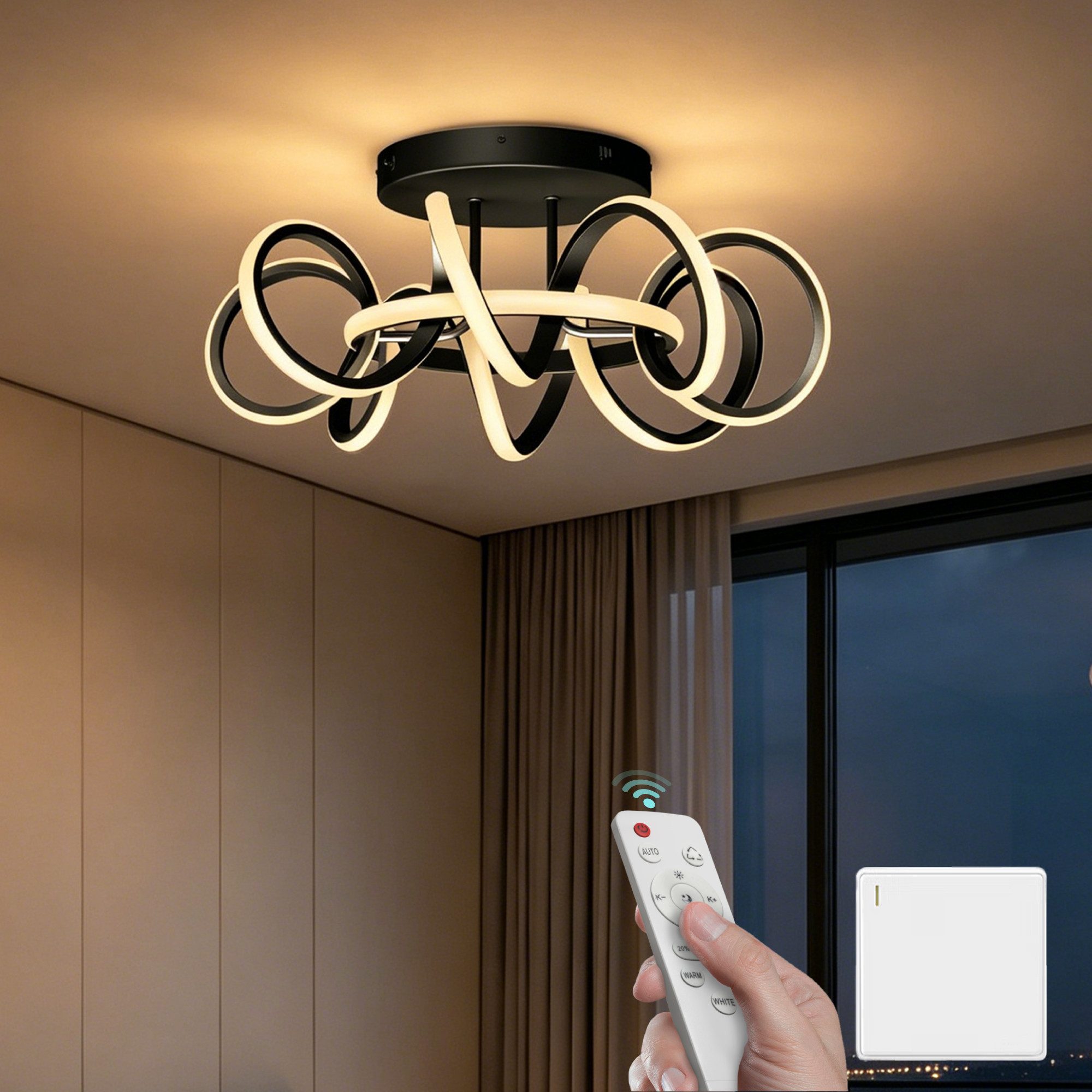 Mai & Mai Pendelleuchte LED Deckenleuchte dimmbar 3000–6400K 58cm 112W Schwarz Nuvora06, LED fest integriert, Farbtemperatur einstellbar: 3000K – 6400K, flimmerfrei,mit Fernbedienung oder Wandschalter,energiesparend