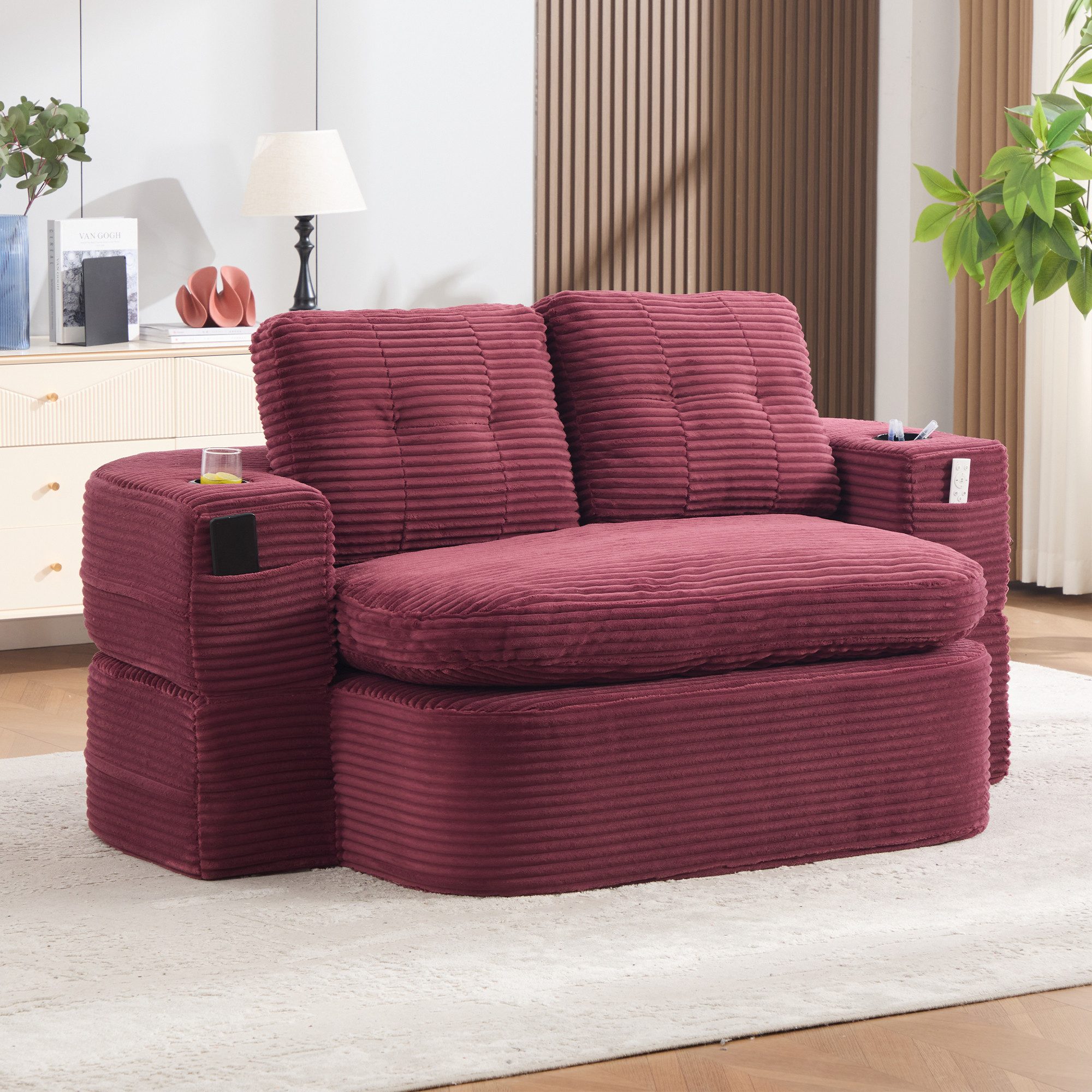 REDOM Sofa Schlafsofa aus Cord, wandelbares Bodensofa, mit Schlaffunktion, extra tiefer Sitzfläche, Kopfstütze, Getränkehalter und Komfort-Armlehnen