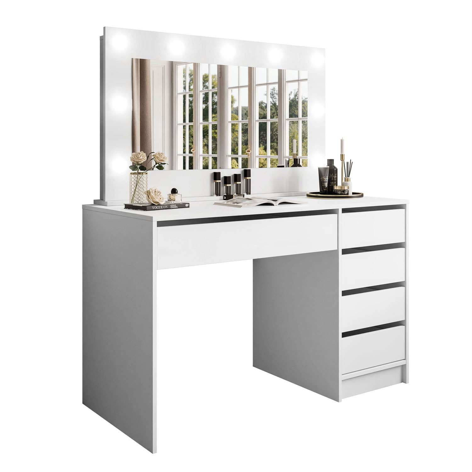 Lookway Schminktisch MADA Spiegel Schubladen Schreibtisch Weiß Hochglanz LED Beleuchtung, 120x75x55 cm