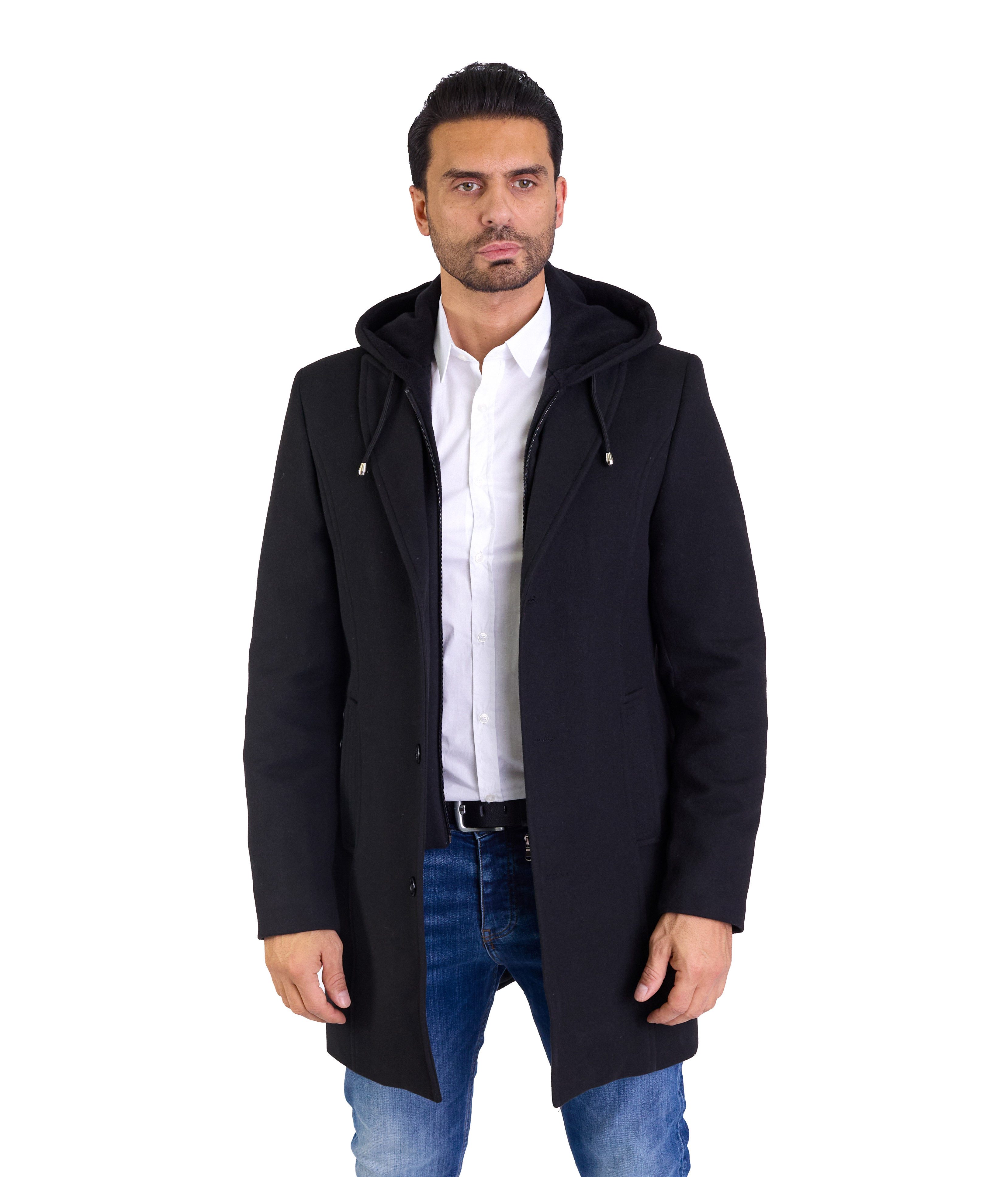 Denim Distriqt Wintermantel Herren SLIM FIT Wintermantel mit Kapuze Schwarz Gr. 54 entspricht XL Mit herausnehmbarem Kapuzenkragen-Innenteil