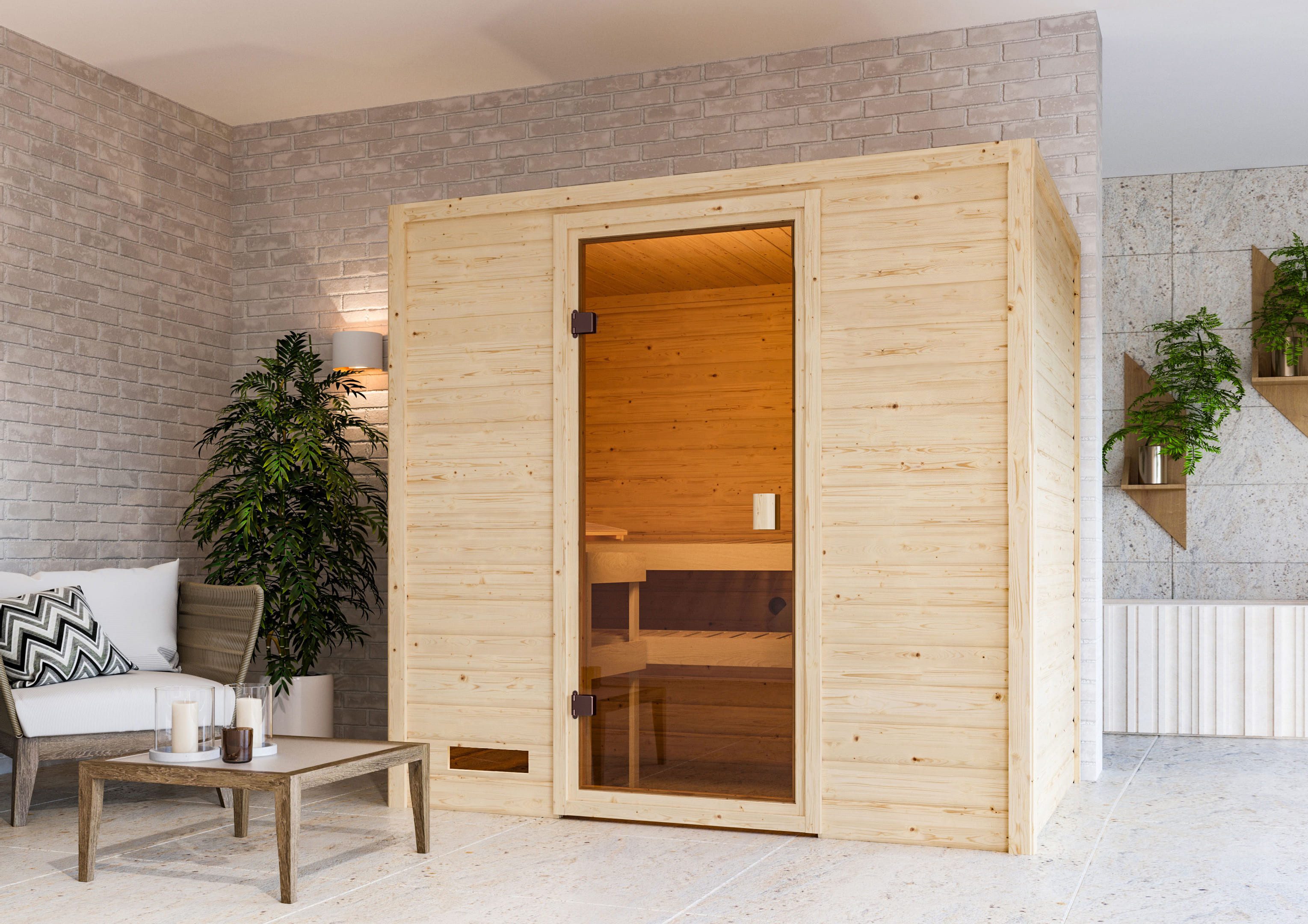 Karibu Sauna Innensauna Dorika inkl. Saunaofen 3,6kW integr. Steuerung, nordisches Fichtenholz, Made in Germany