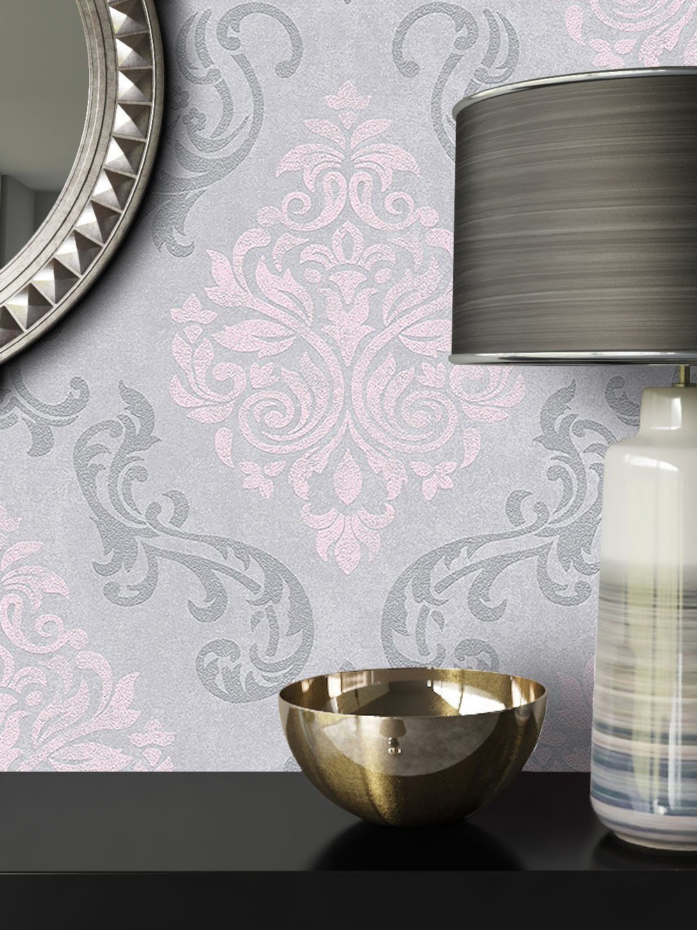 Newroom Vliestapete, Grau Barocktapete Barock Ornament - Mustertapete Hellgrau Rose Glamour Modern für Büro Diele/Flur Schlafen