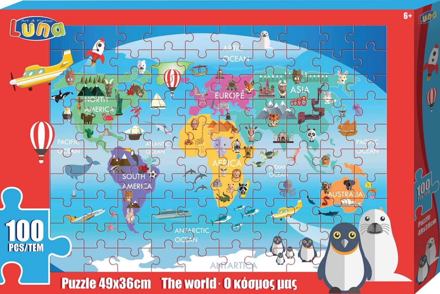 Diakakis Puzzle Lernpuzzle Weltkarte mit Tieren 100-tlg. 49x36 cm, Puzzleteile