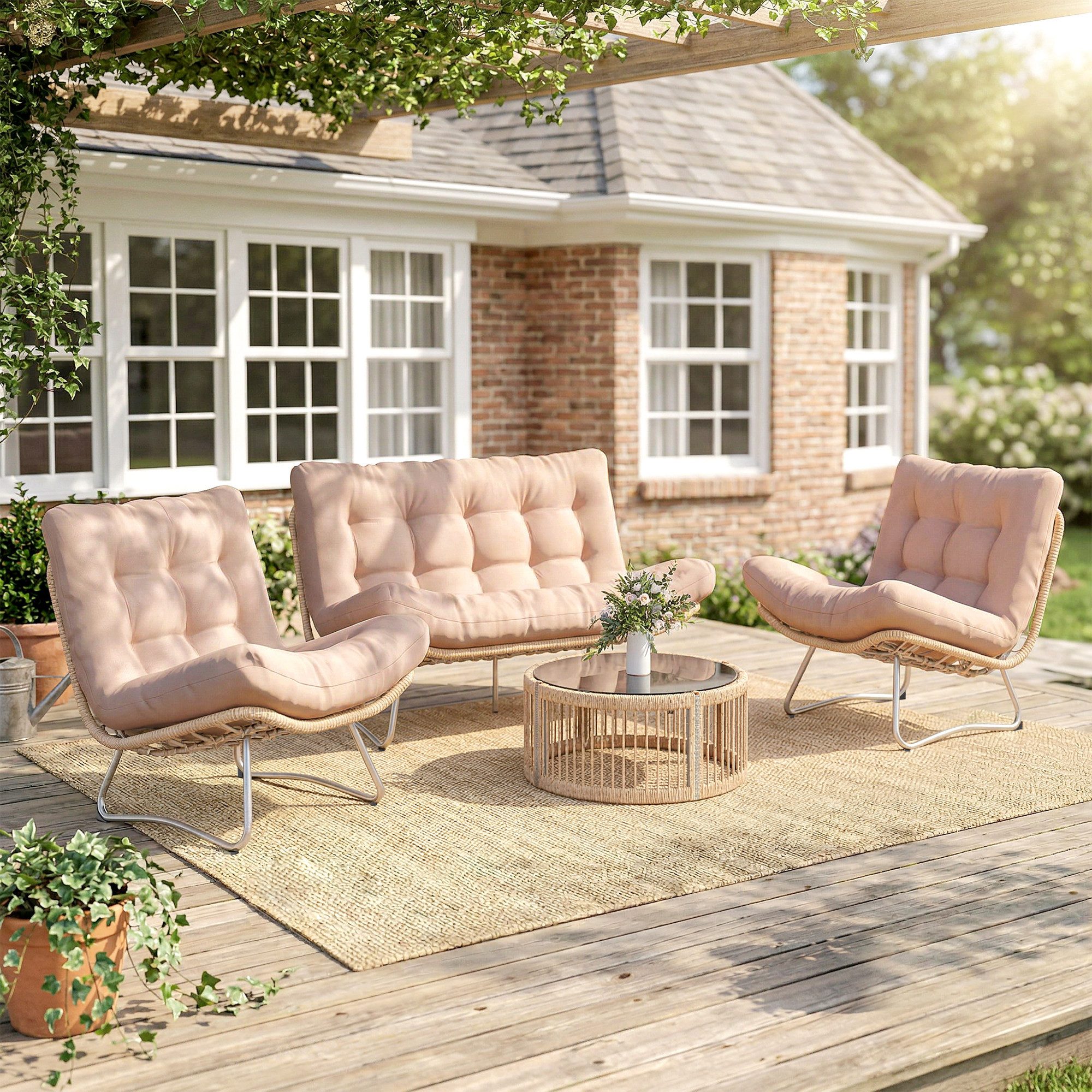 Outsunny Sitzgruppe mit Zweisitzer, 2 Sessel, Glastisch, Breitem & Tiefem Sitz, Kissen, (Lounge-Set, 4-tlg., Gartenmöbel Set), für Garten Balkon Braun