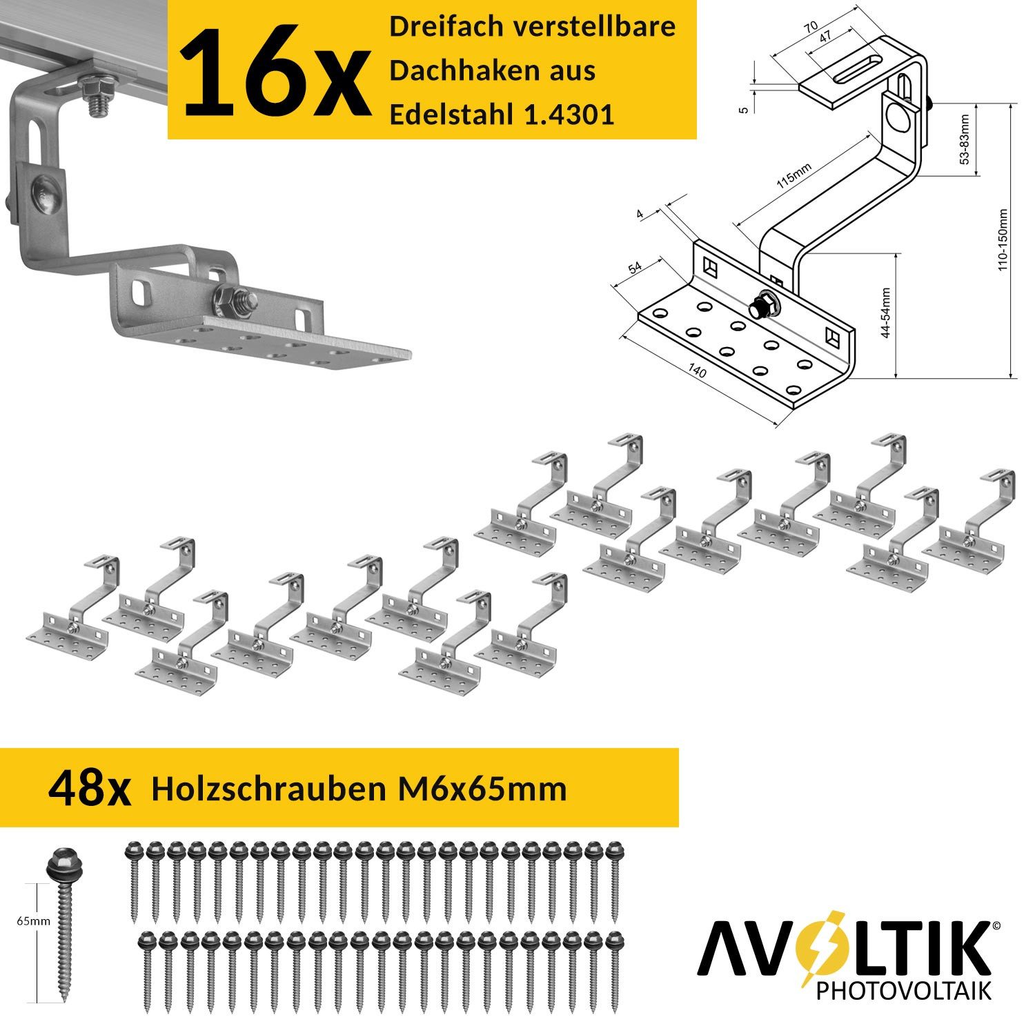 avoltik Solarmodul-Halterung Halterung Ziegeldach Montageset Dach Befestigung f 4 Solarmodule, (Halterung Ziegeldach Montageset Dach Befestigung f 4 Solarmodule, Halterung Ziegeldach Montageset Dach Befestigung f 4 Solarmodule, Das robuste Dach Solarhalterung Set besteht aus vielen Einzelteilen)