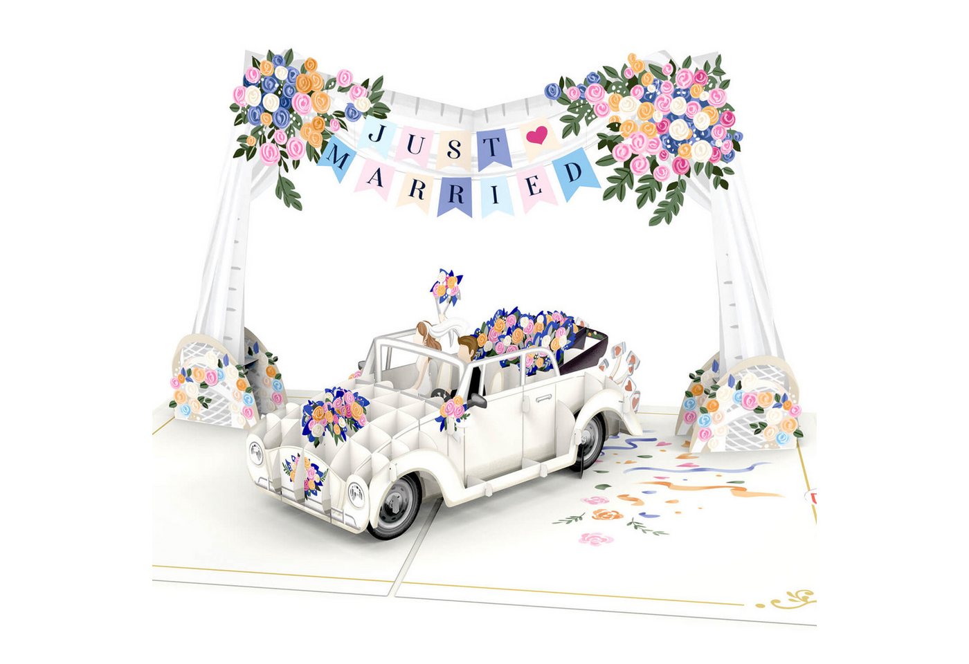 papercrush Hochzeitskarte Hochzeitsauto "Just Married" Pop-Up Karte, Glückwunschkarte Hochzeit, Handgemacht