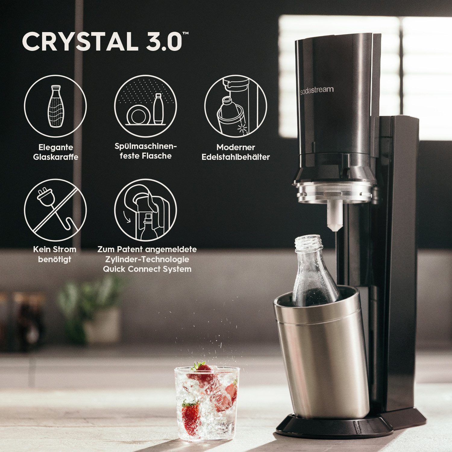 SodaStream Wassersprudler »Crystal« Mega-Bundle, (7-tlg), Wassersprudler, CO2-Zyl., Glaskaraffen, Abtropfhalter, Flaschenbürste