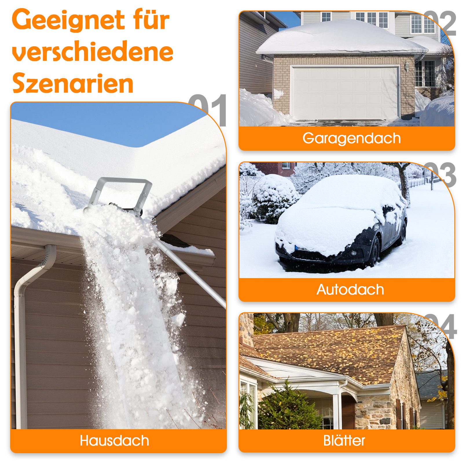 KOMFOTTEU Schneeschieber, Schnee Dachrechen mit Teleskopstiel, Rollen