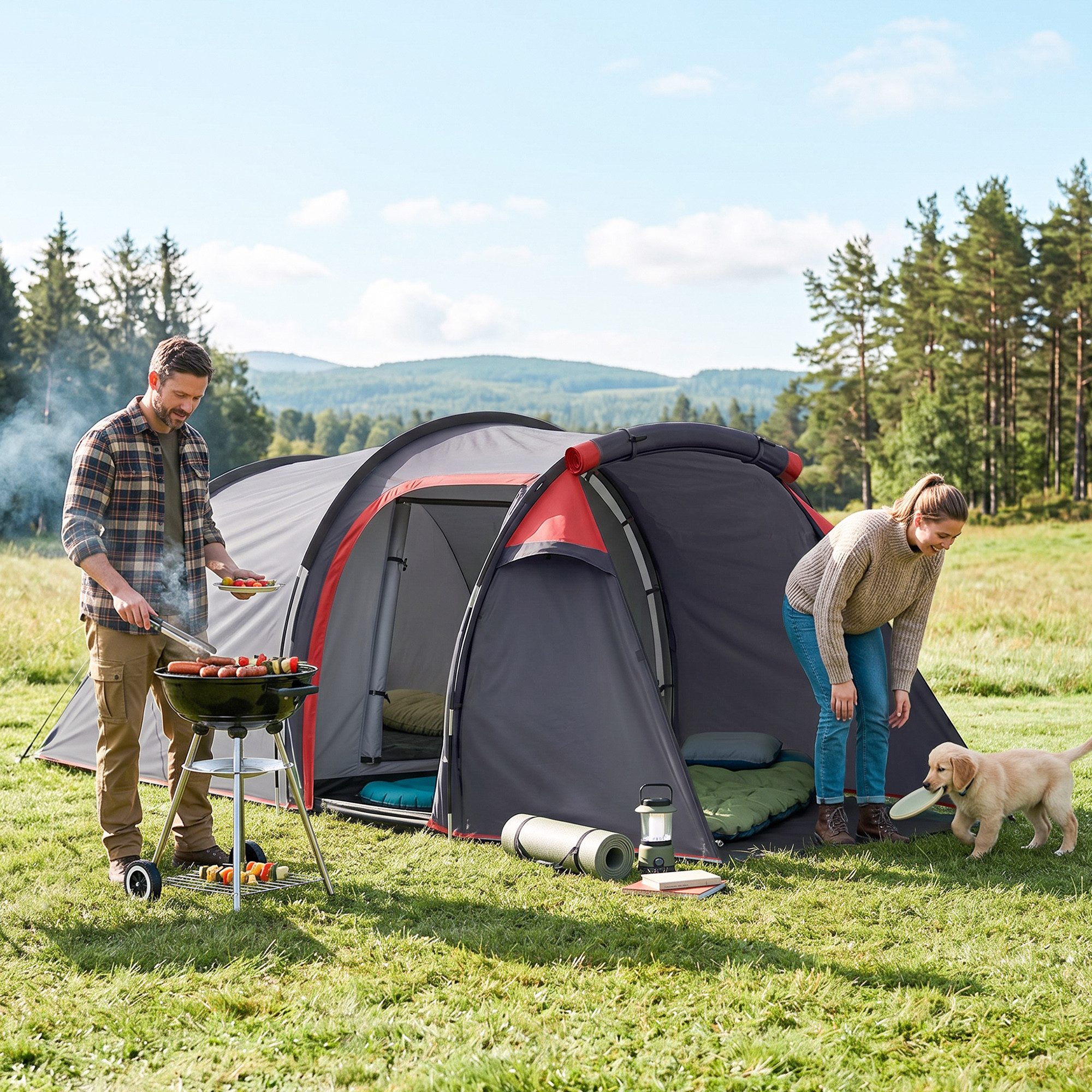 Outsunny Tunnelzelt für 2-3 Personen, Personen: 3 (Zelt, 1 tlg., Campingzelt), Glasfaser Polyester Grau 426 x 206 x 154 cm