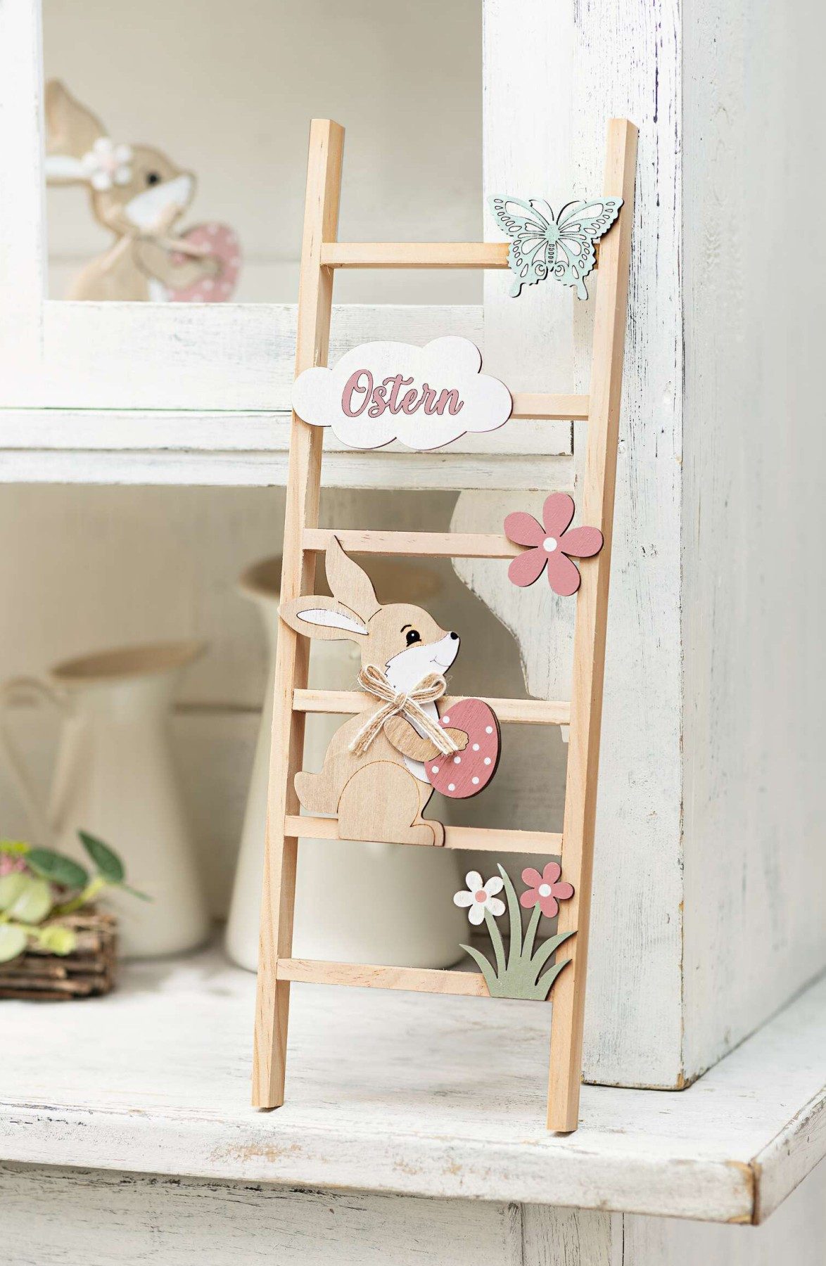Dekoleidenschaft Dekoleiter "Ostern" Holz & MDF, 45 cm hoch, Osterdeko, Holzleiter mit Osterhase, Dekofigur, Deko Leiter, Holzdeko