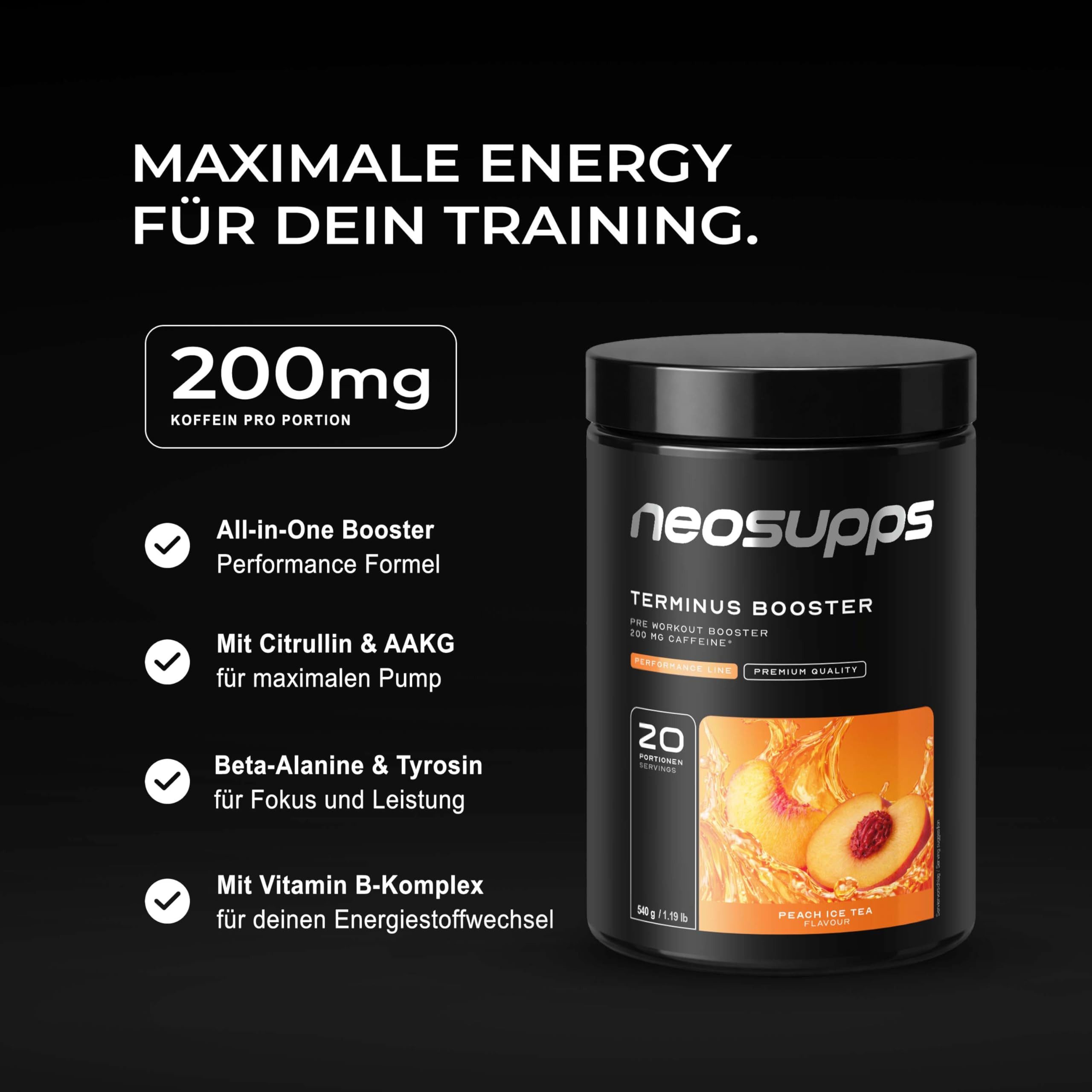Neosupps Terminus Booster Peach Ice Tea 540g, Pre Workout Booster mit Koffein Pulver, 540 g, Pump & Fokus, geprüfte Qualität, 8.000 mg L-Citrullin, Vegan