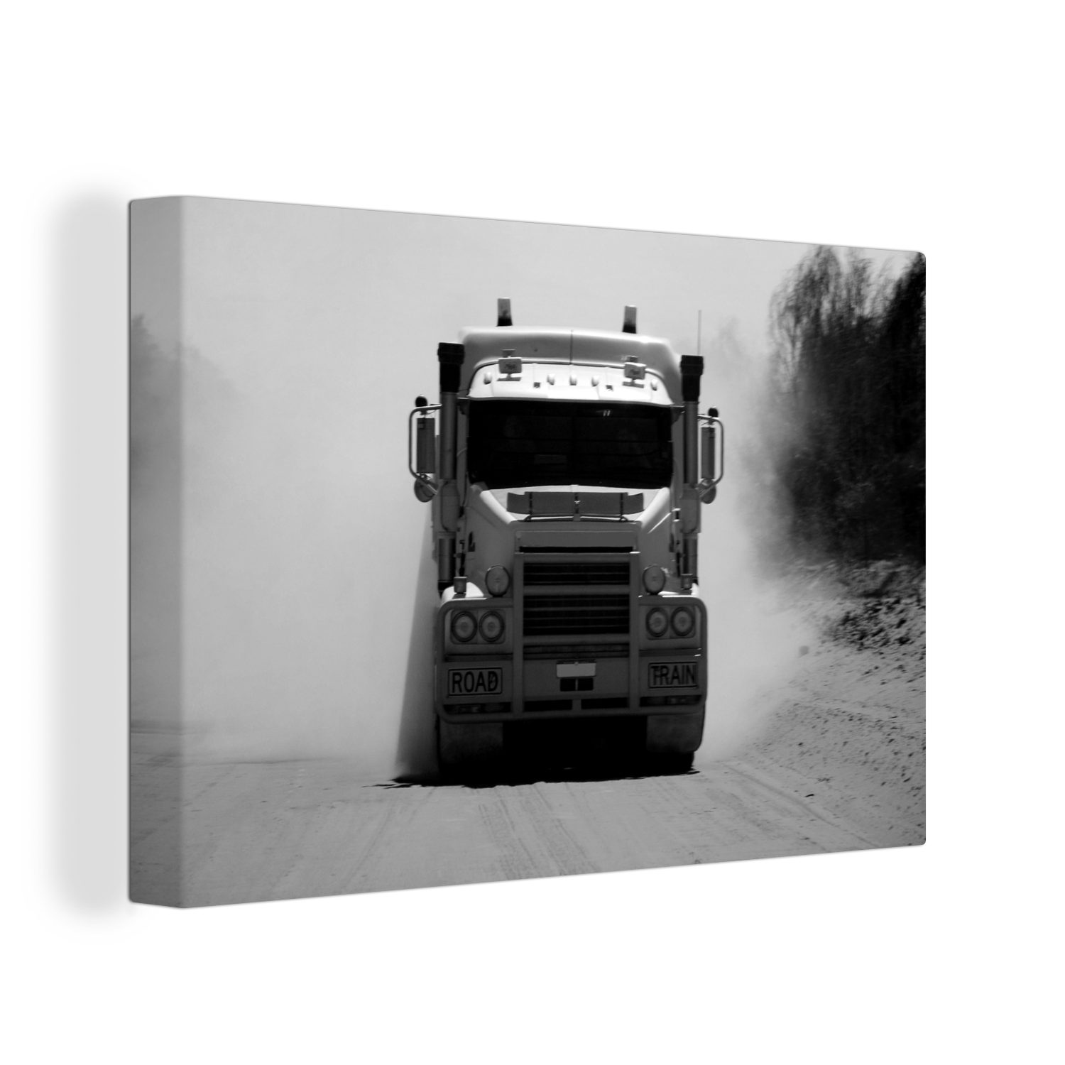 OneMillionCanvasses® Leinwandbild Robuster Lastwagen, der im Sand fährt - schwarz und weiß, (1 St), Wandbild Leinwandbilder, Aufhängefertig, Wanddeko, 30x20 cm