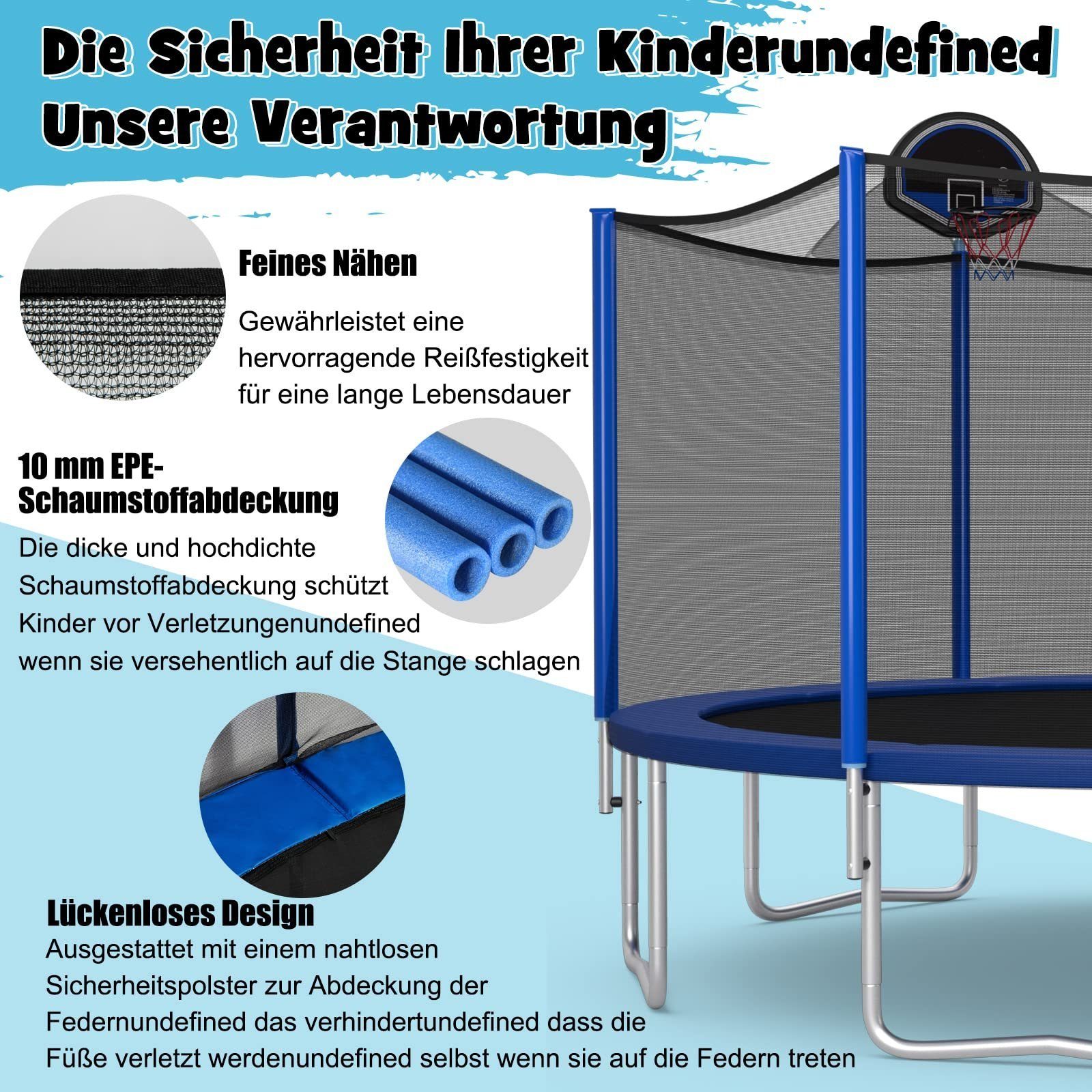 COSTWAY Gartentrampolin Ø366cm Fitnesstrampolin, (3 tlg), mit Sicherheitsnetz