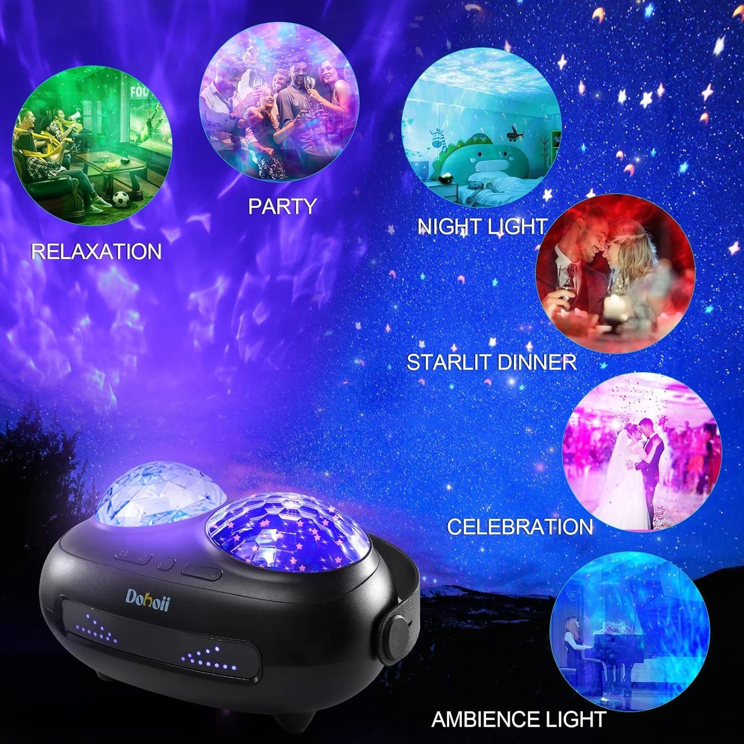 Daskoo LED Nachtlicht mit Projektor Galaxy, Kinder Sternenhimmel fest LED Fernbedienung/Bluetooth/Musikspieler/Dual-Projektionslinse LED Party, integriert, Geschenk, Schwarz für