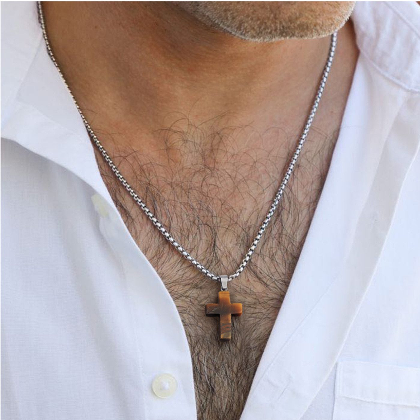 KARMA Kette mit Anhänger Kreuz für Herren Edelstahl Naturstein Silber 50 cm günstig online kaufen