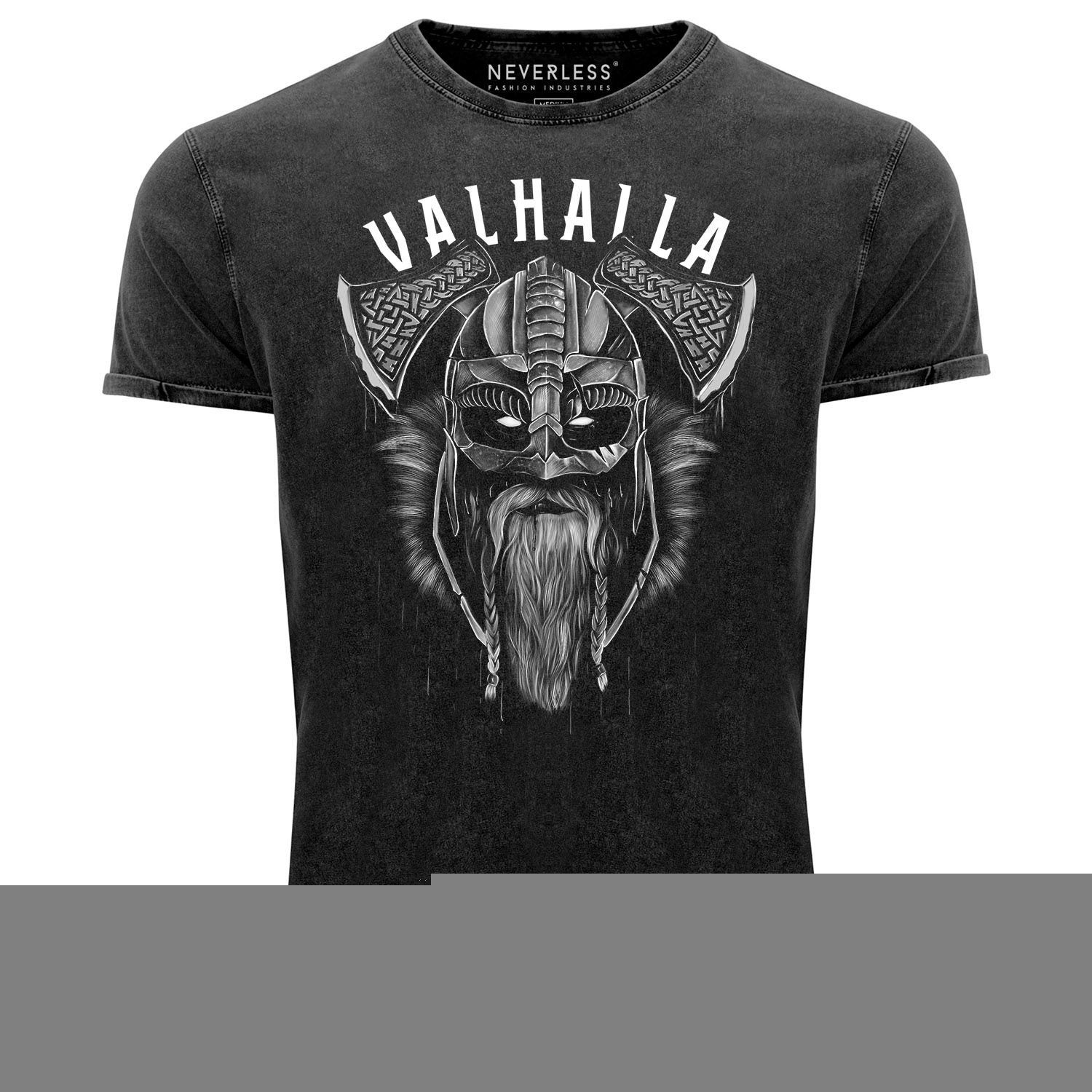 Neverless Print-Shirt Herren Vintage Shirt Valhalla Wikinger Helm Viking Odin Krieger mit Print