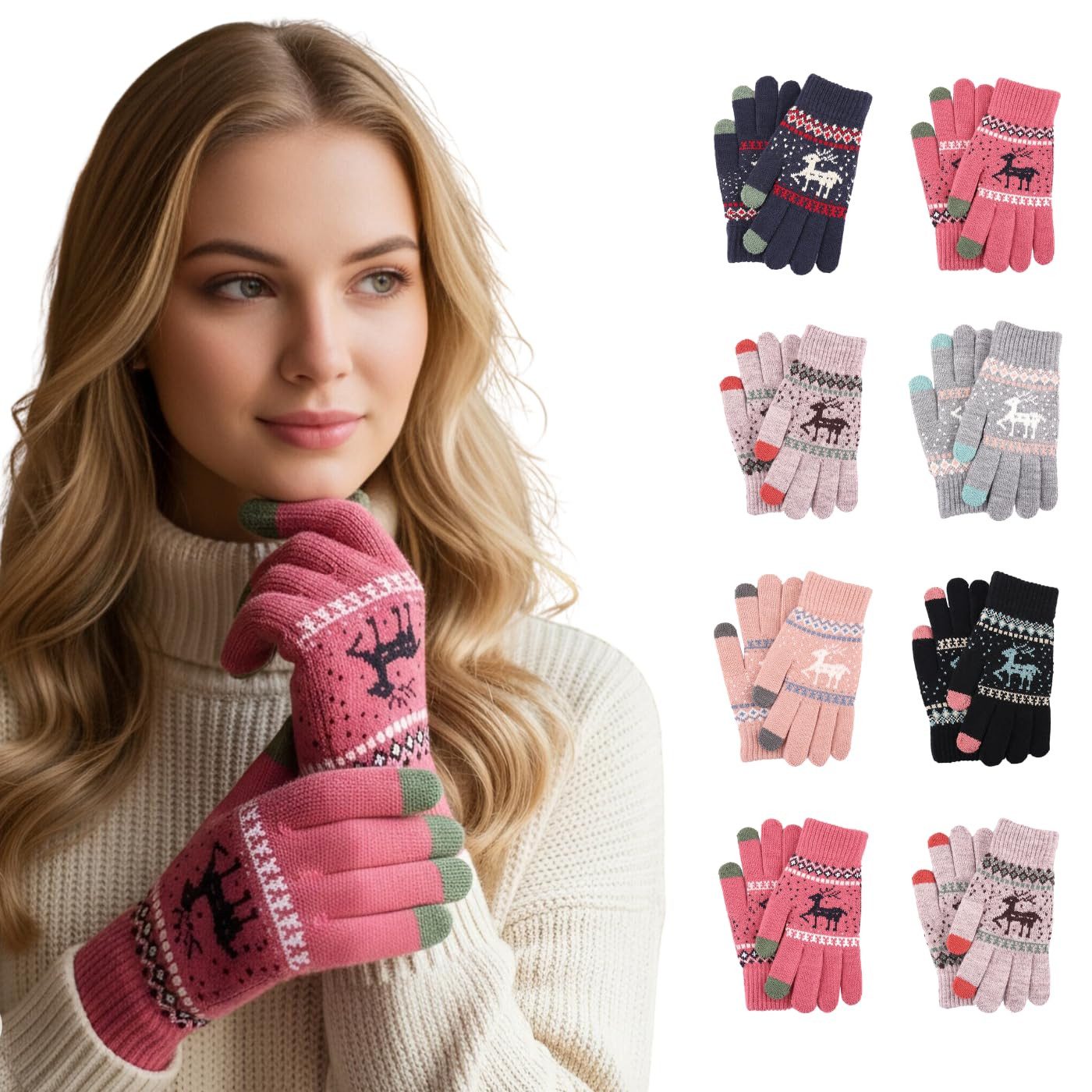 nsihing Strickhandschuhe Warme Handschuhe Thermo-Fleecefutter mit weihnachtlichem Rentiermuster Handschuhe Unisex Warm Winter Gefüttert, Winterhandschuhe Touchscreen