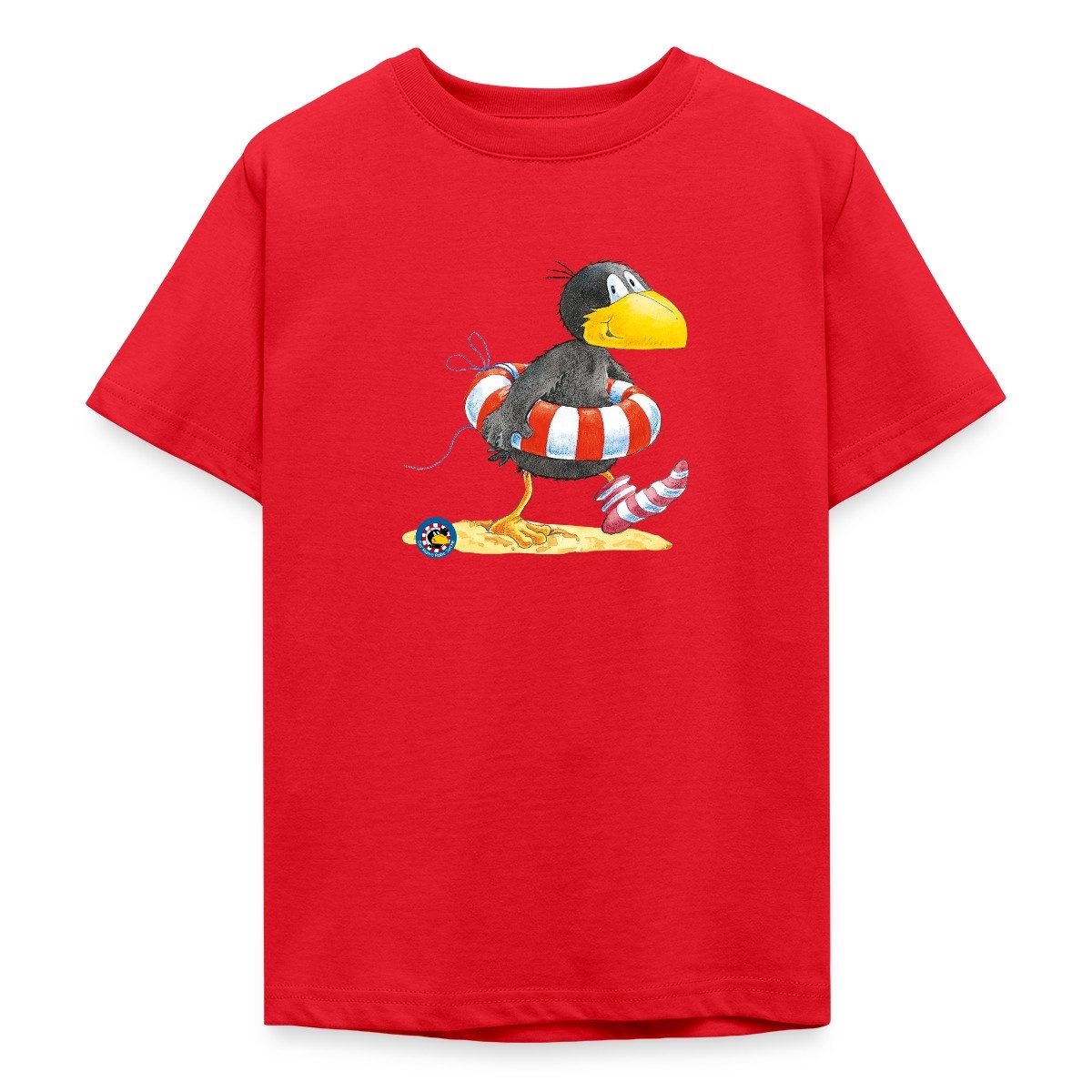 Spreadshirt T-Shirt Der kleine Rabe Socke mit Schwimmreifen Teenager T-Shirt (1-tlg) Unisex - geeignet für Jungen und Mädchen, vom Kind bis zum Teenager