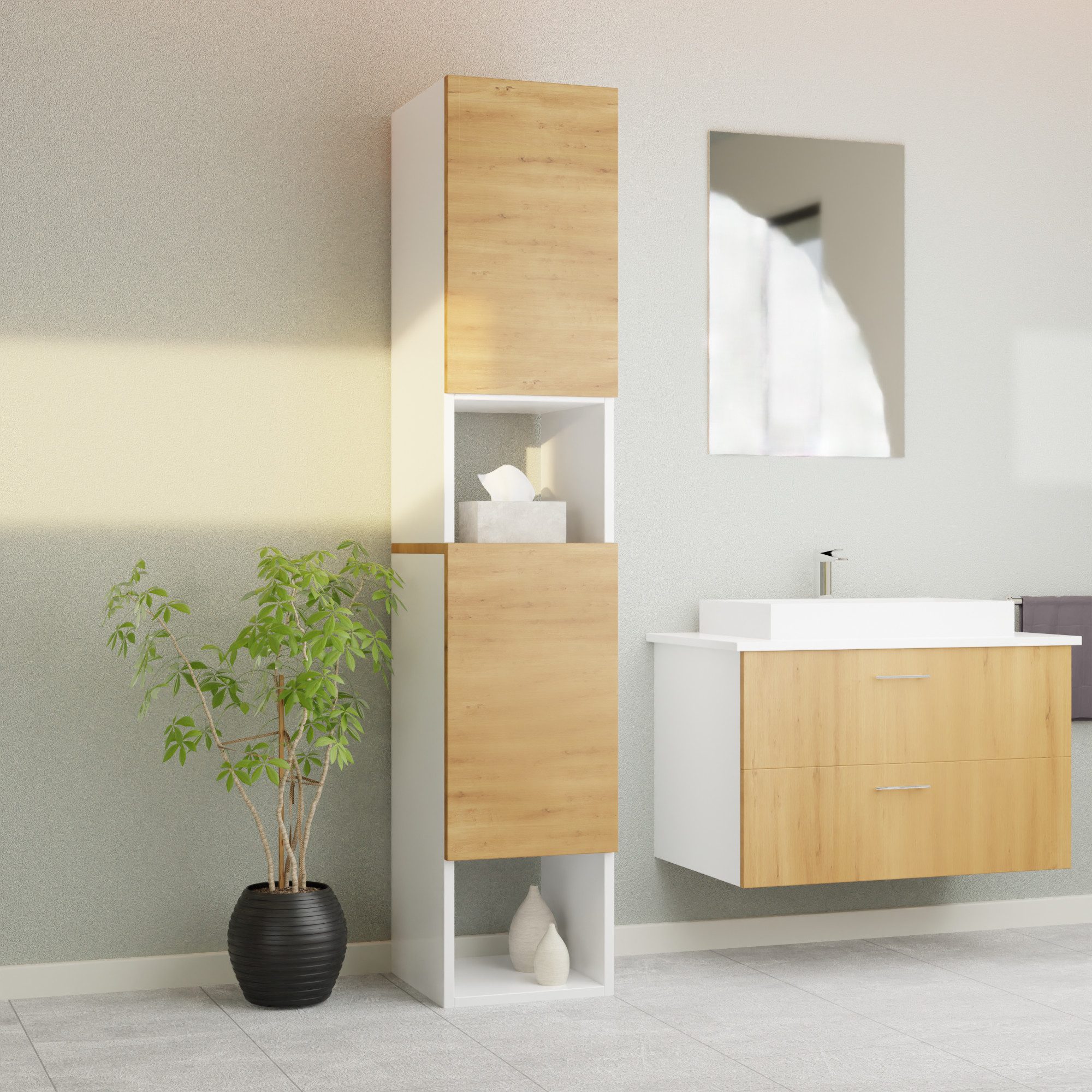 Badezimmer-Set Badezimmerschrank GLC2, hängend, stehend, Eiche