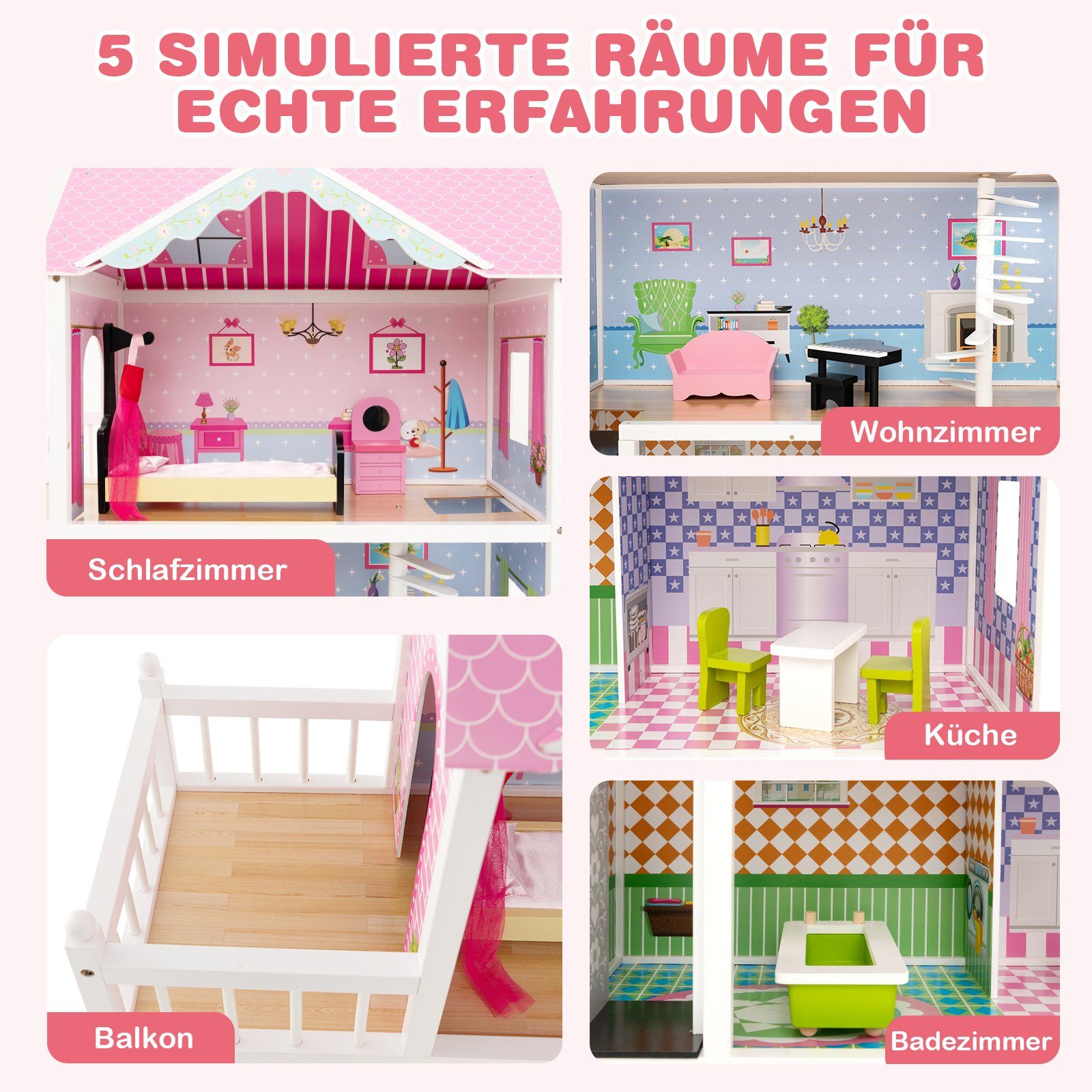 COSTWAY Puppenhaus, 3 Etagen Puppenstube mit 5 Zimmer günstig online kaufen