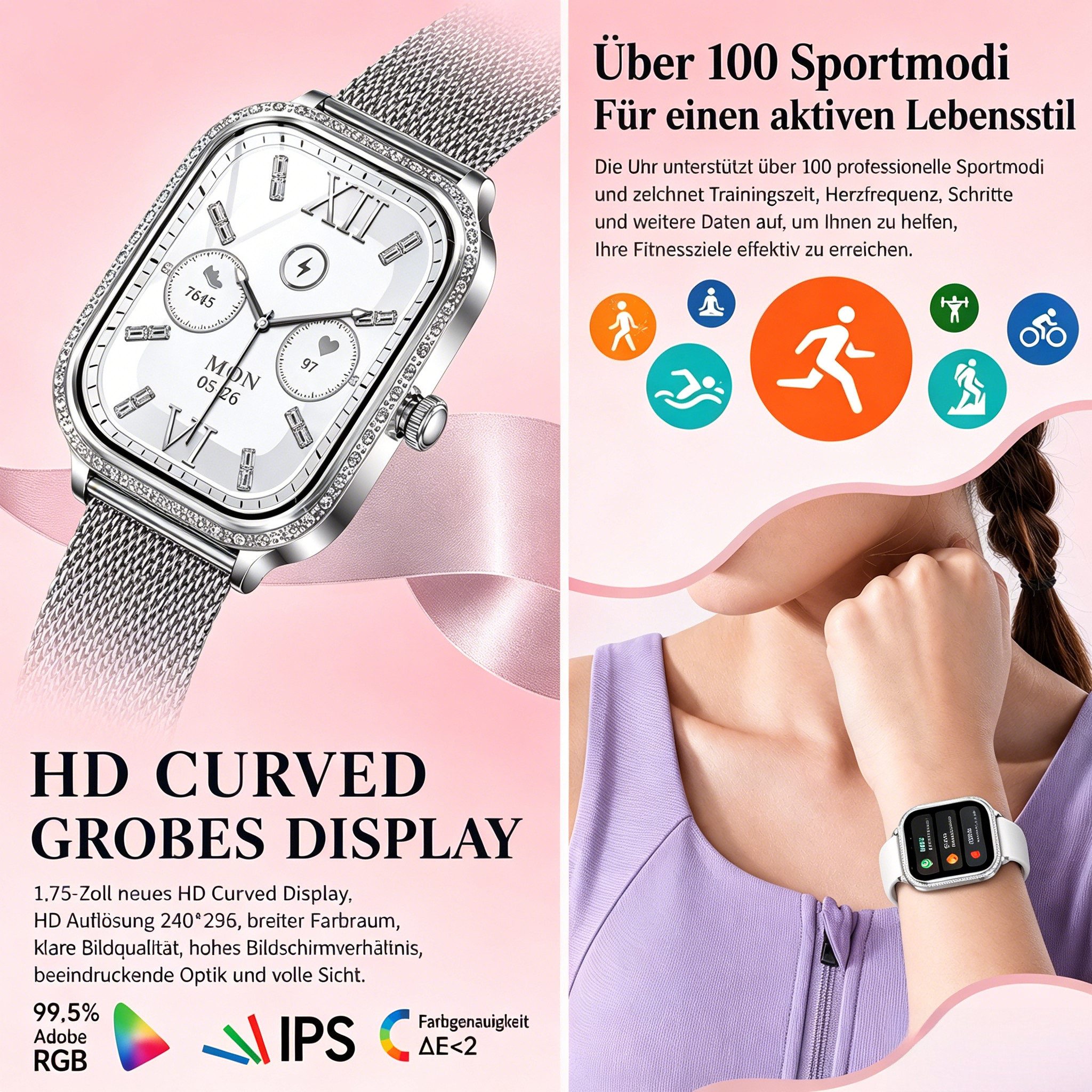 Forrlite Smartwatch Damen, Neueste Fitness Uhr mit Anruffunktion Smartwatch (4,45 cm/1,75 Zoll, iOS 9.0+ Android 5.1) IP68 Wasserdicht,Uhren Watch für Android IOS, Fitnessuhr Tracker mit Pulsmesser Schrittzähler Schlafmonitor