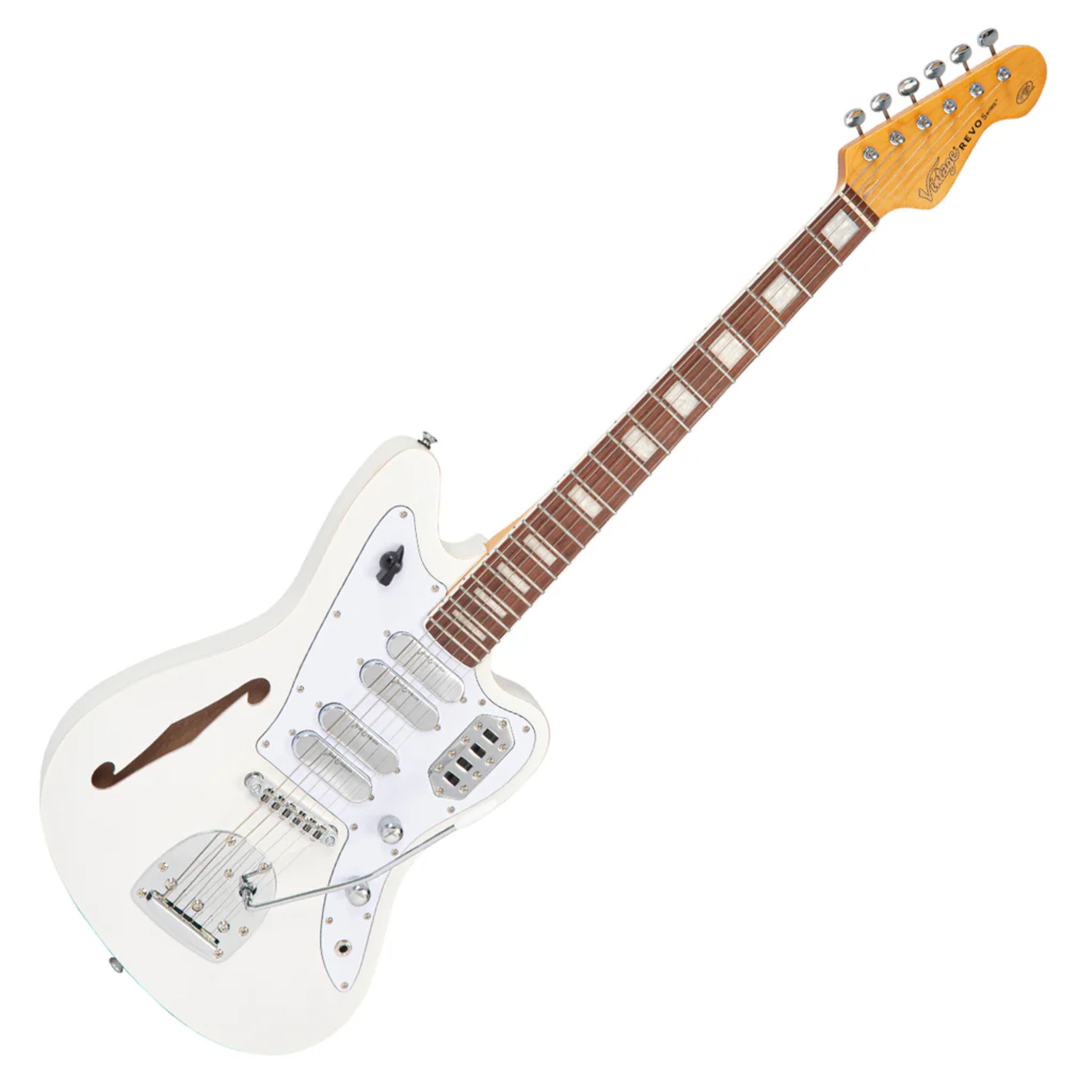 VINTAGE Halbakustik-Gitarre, Halb-Akustik Gitarren, Semi Hollow-Modelle, REVO VRS654MW Surfmaster Quad Metallic White - Halbakustik Gitarre