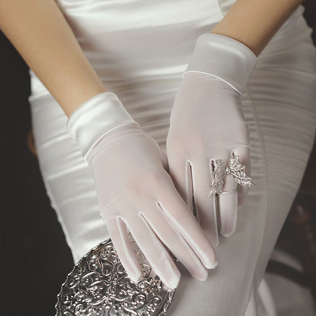 Braut DÖRÖY Premium Hochzeit Handschuhe,Stretch Satin Abendhandschuhe Handschuhe weiße Kleid