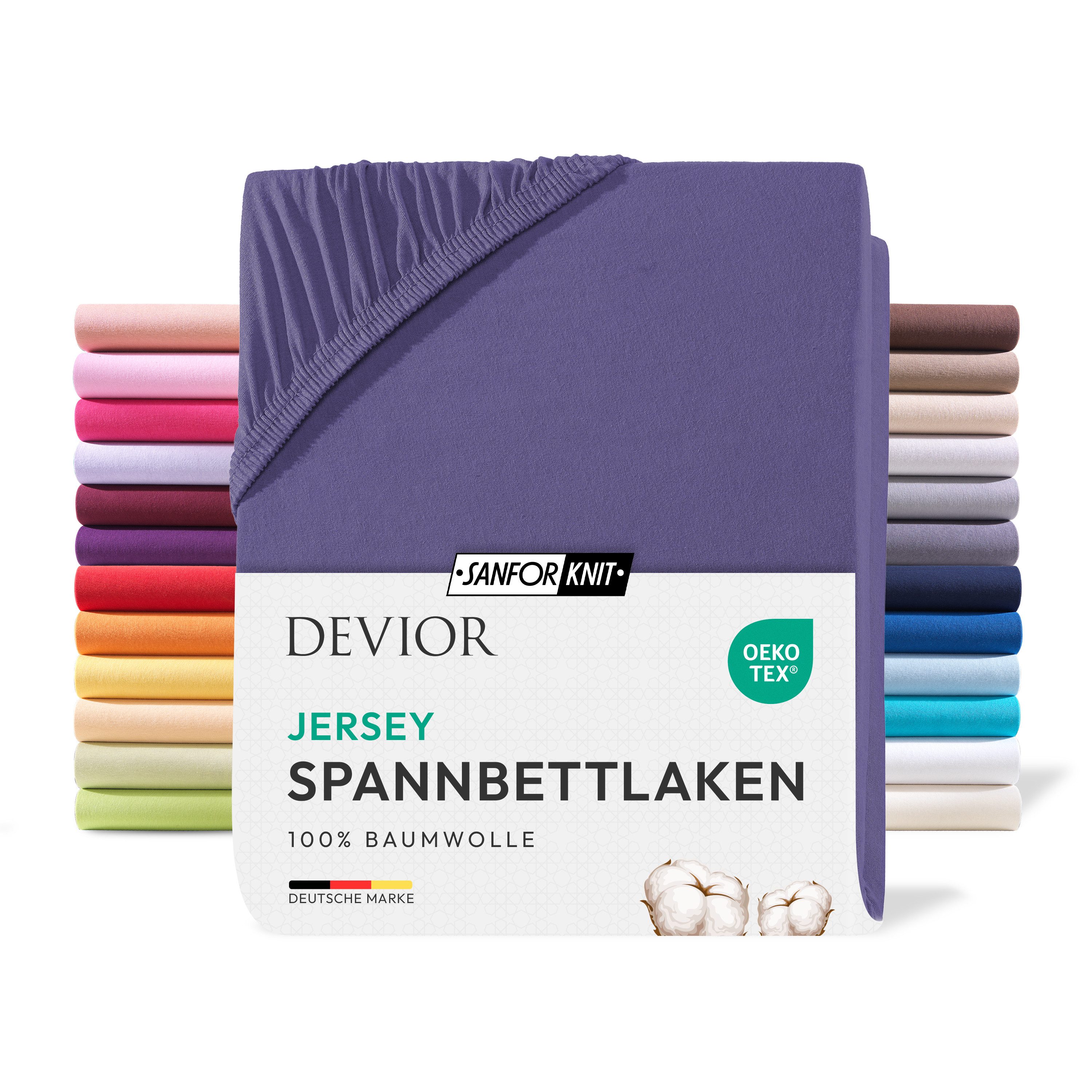 Devior Spannbettlaken 100% Baumwolle für Standardmatratzen, 135 g/m² hochwertig verarbeitet, Jersey, (1 Stück), mit Rundumgummizug atmungsaktiv & pflegeleicht in vielen Größen