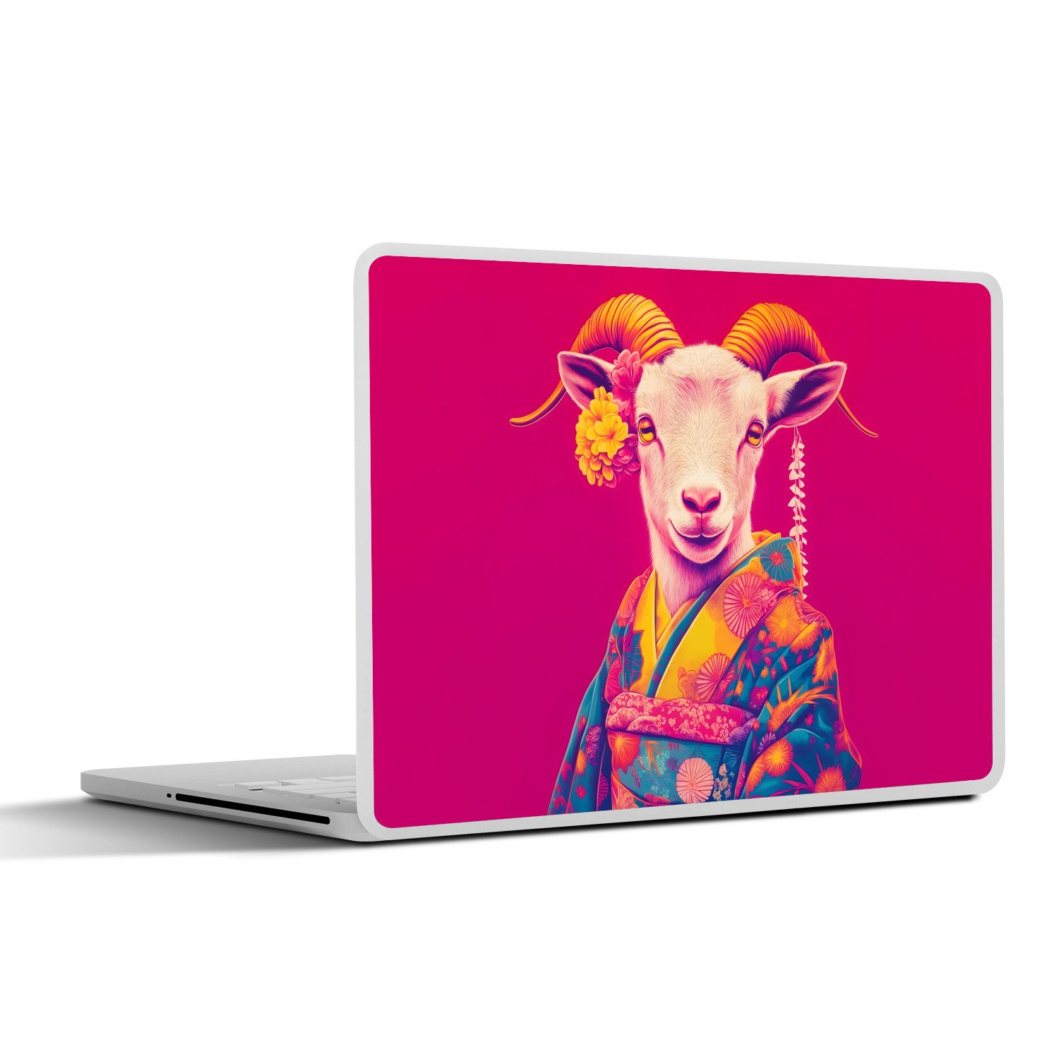 MuchoWow Laptop-Aufkleber Ziege - Hörner - Kimono - Farbenfroh, (1tlg), Laptop Folien Cover, Aufkleber, Sticker, Schutz vor Kratzern, 25x18 cm