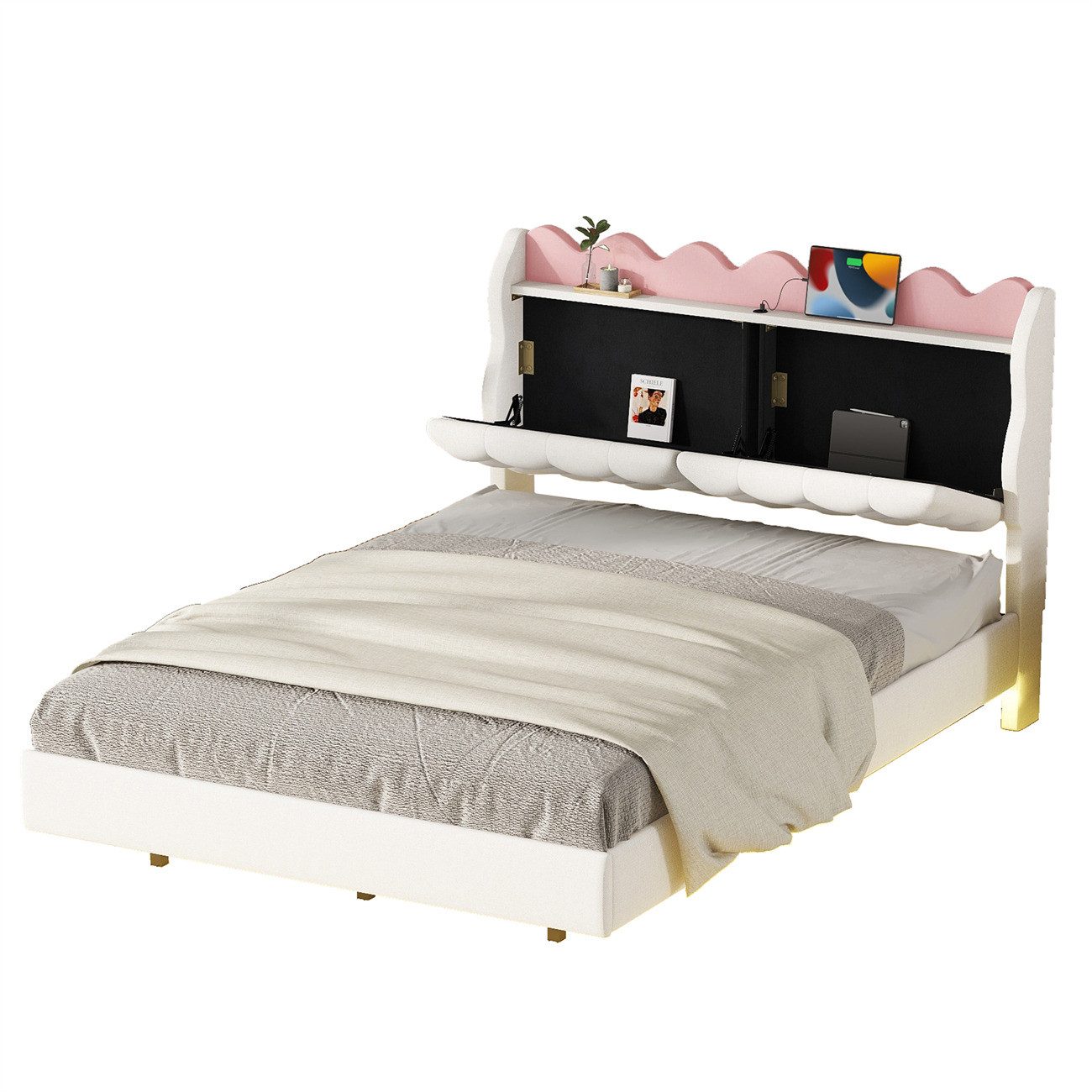 Polsterbett Doppelbett,Polsterbett,Hängebett,Polsterbett mit Nachtkästchen