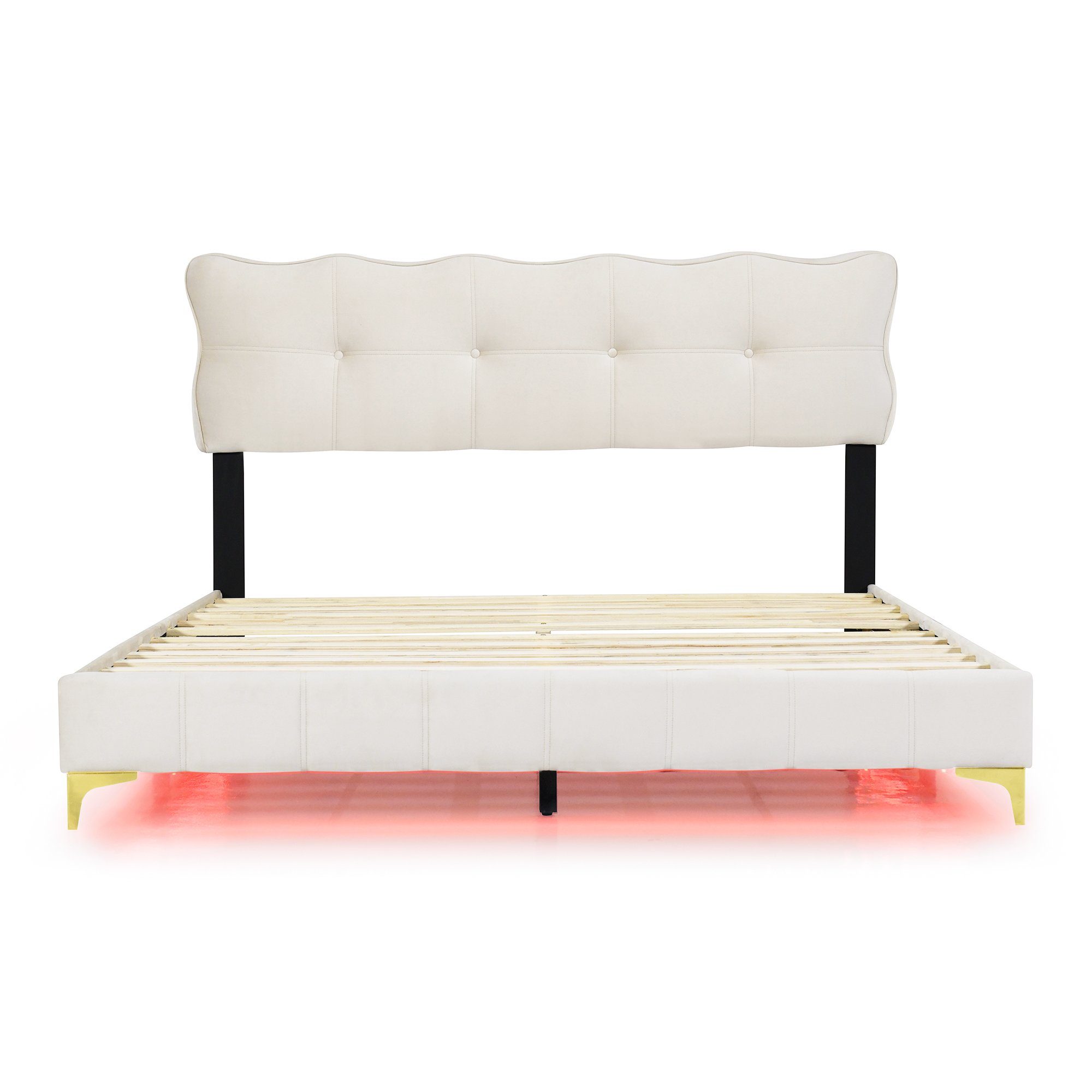 Polsterbett, LED Doppelbett mit gepolstertem Kopf- & Fußteil, Samtstoff, 160x200cm