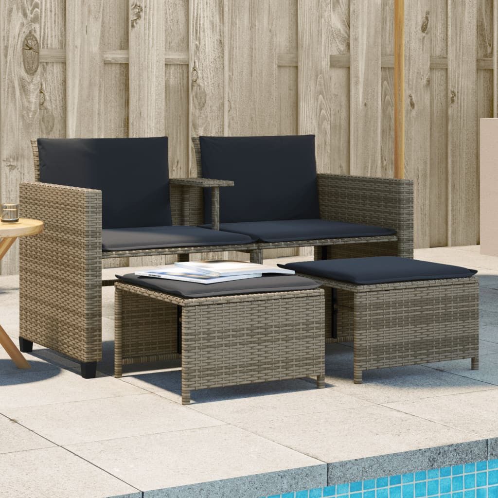 vidaXL GartenloungeSet Gartensofa 2Sitzer mit Tisch und Hockern Grau