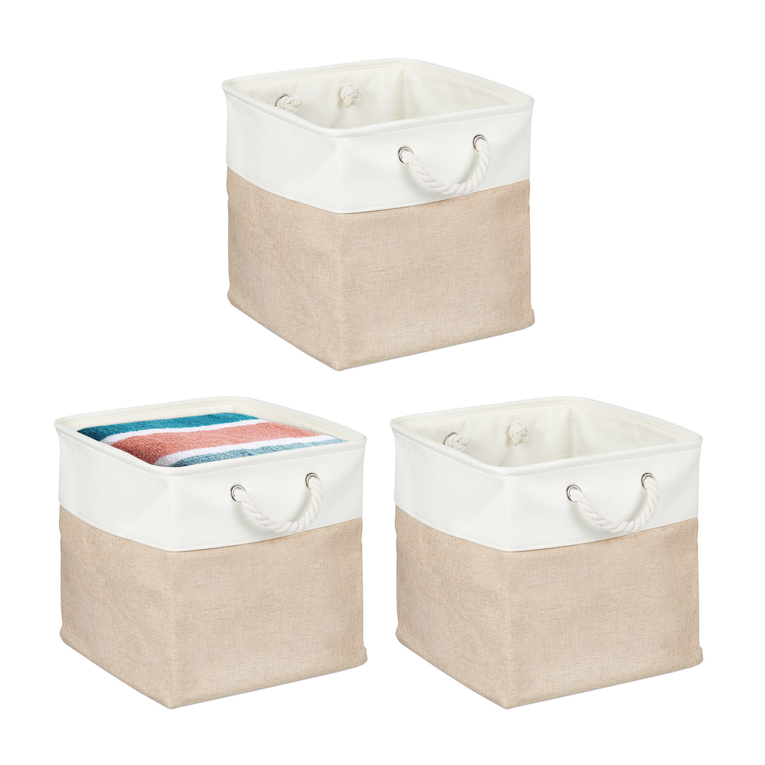 relaxdays Regalkorb Aufbewahrungskorb Leinen im 3er Set, Beige, 33 x 33 x 33 cm