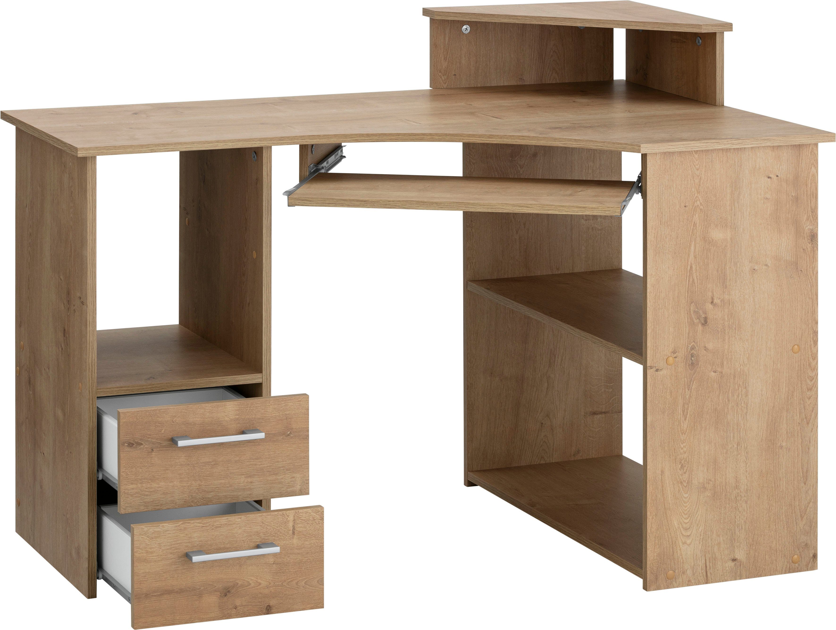 VOGL Möbelfabrik Schreibtisch Sam, Eckschreibtisch, Tastaturauszug, Monitoraufsatz & opt. Towerfach