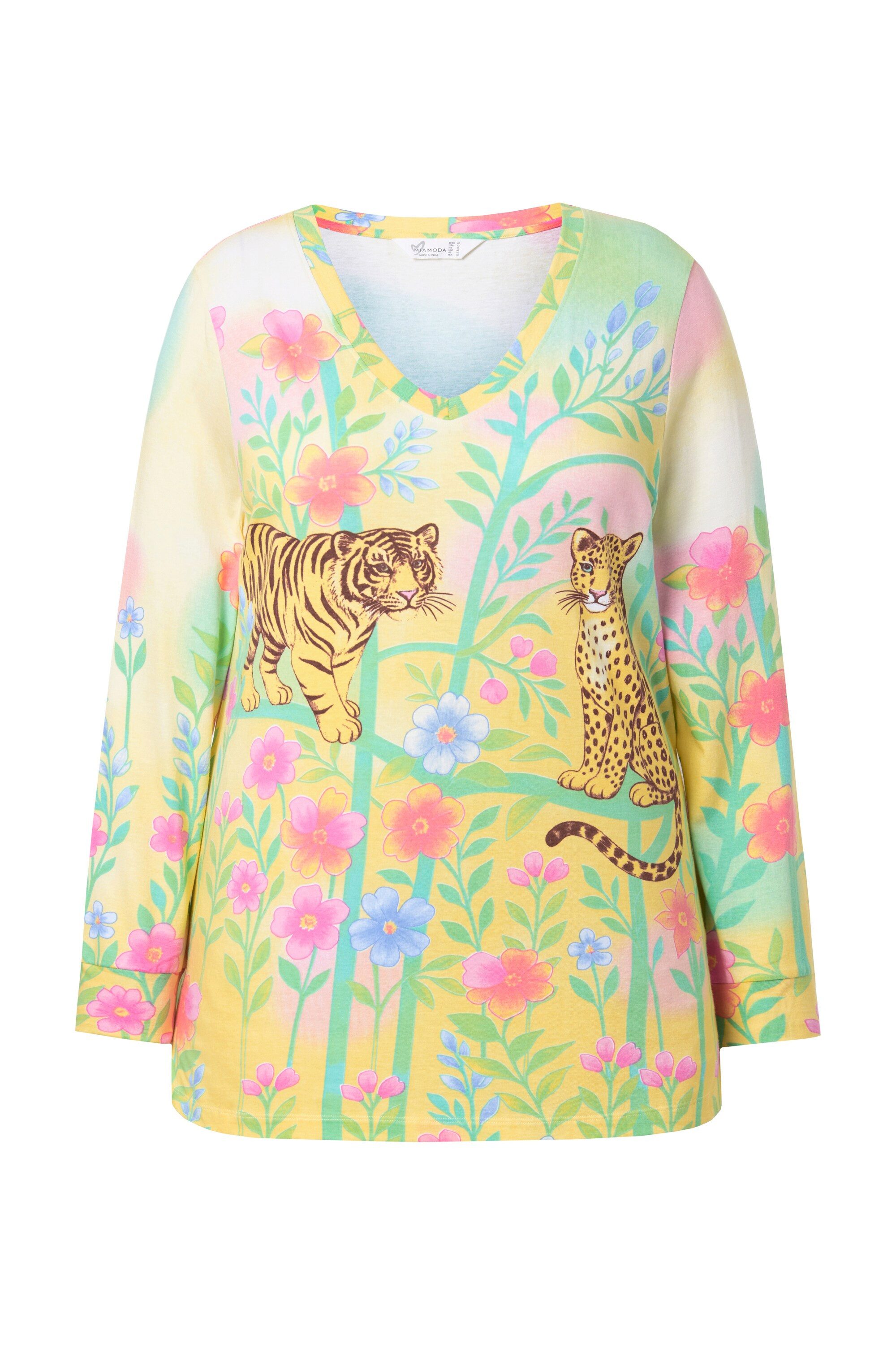 T-Shirt Langarmshirt Classic Fit Blumendruck mit Leopard